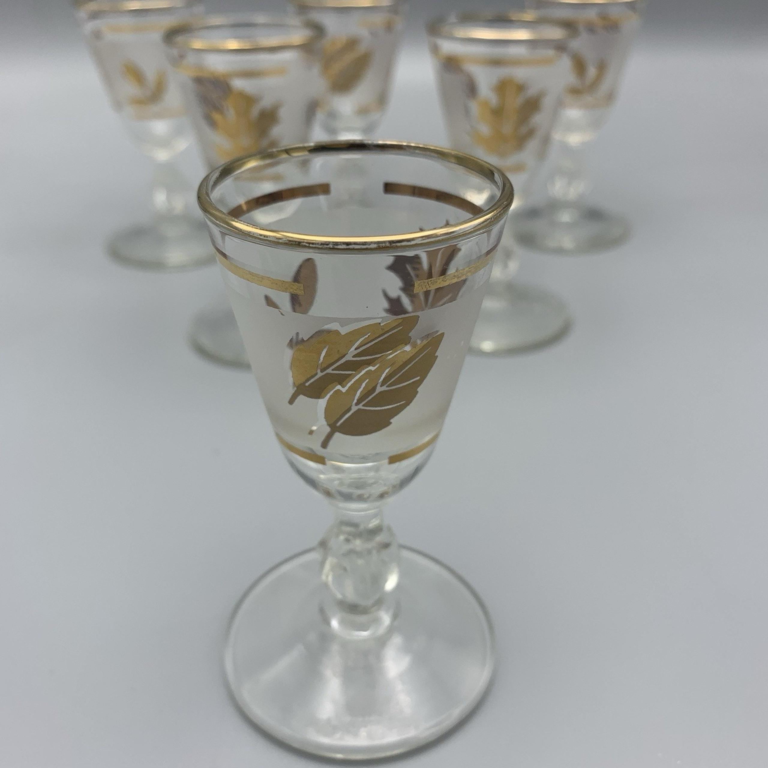 Mid Century Vintage Libbey Shot Glasses, Set Of Six, Frosted With Gold Leaf