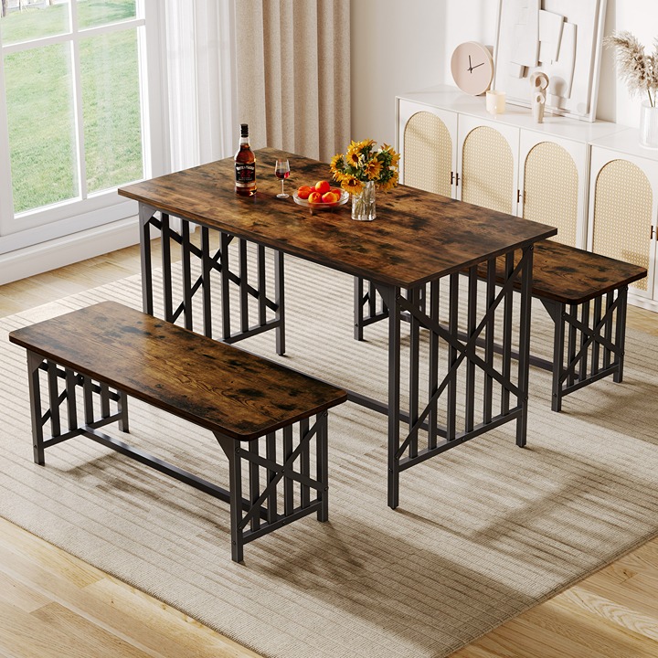 3-Piece Dining Table Set with 2 Benches 47 inch Kitchen Table Set for 4 People