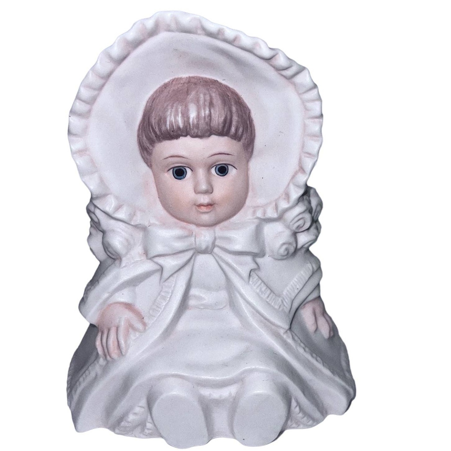 Baby Doll in Bonnet Vase Planter - White & Pink, Made in Mexico, 6” Vintage