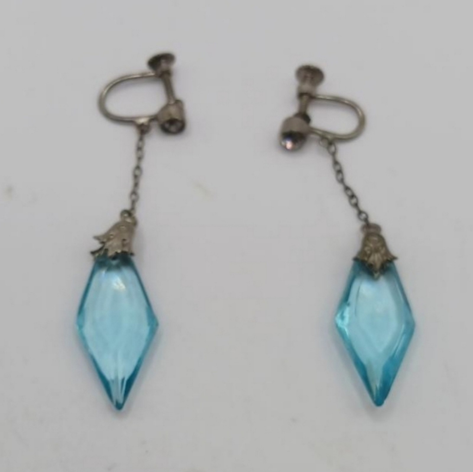 Vintage Blue Crystal, Sterling, Screwback Dangle Earrings