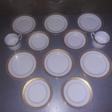 Fitz and Floyd Porcelain Plate and Mug Set Oak Park White Gold Trimmed Lot of 12