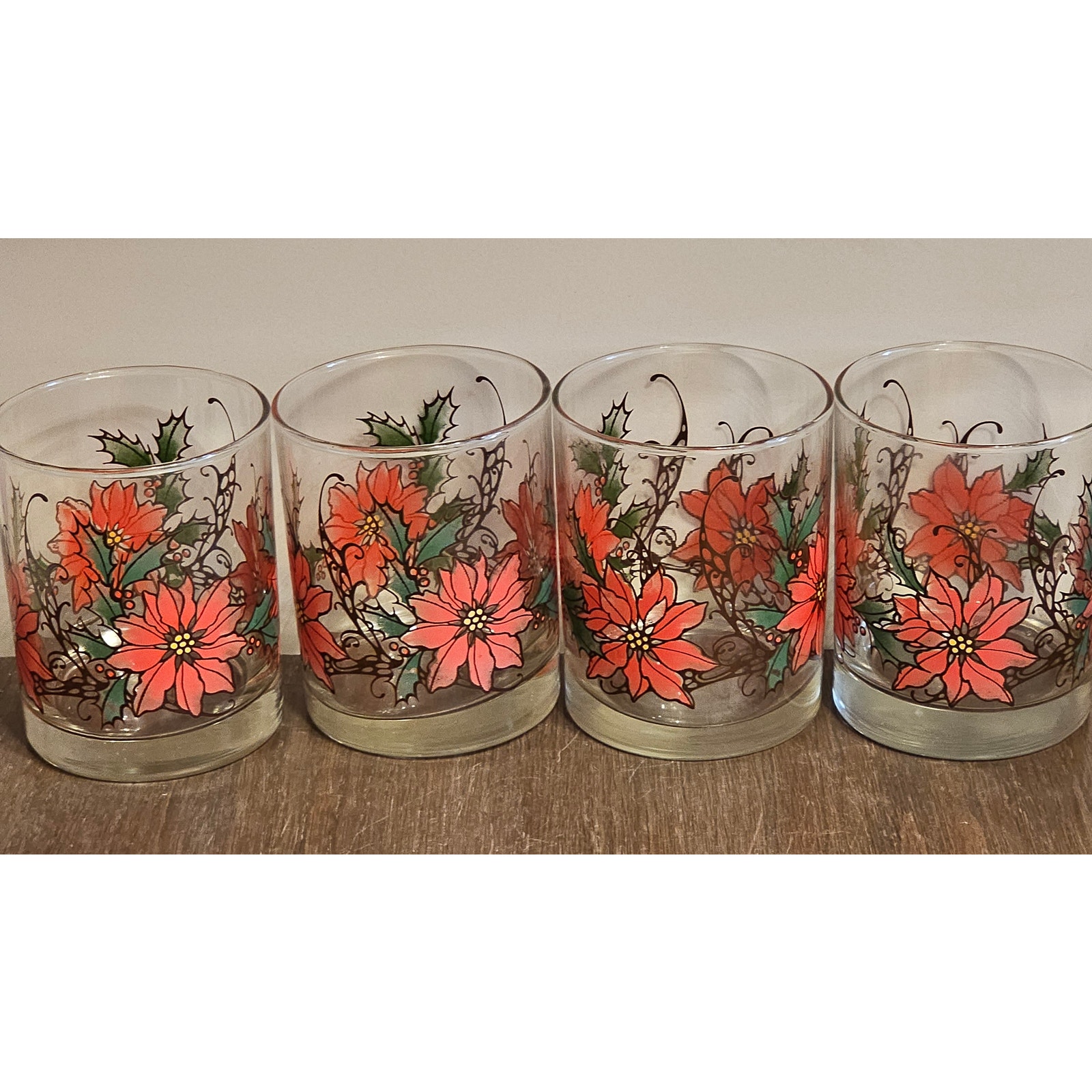 Vintage Libbey Glass Ponsettia Lowball Old Fashion Cocktail 12 oz Glasses Set 4