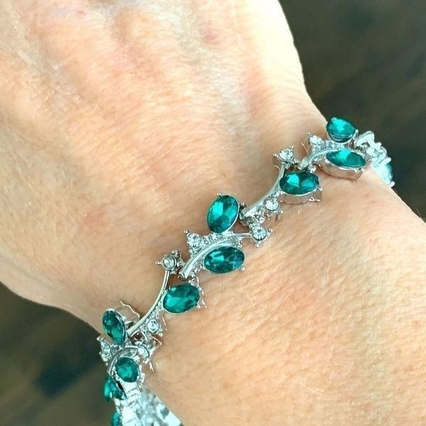 Faux Emerald & CZ Tennis Bracelet Green Vine Wedding Bracelet Bridal Gift NEW