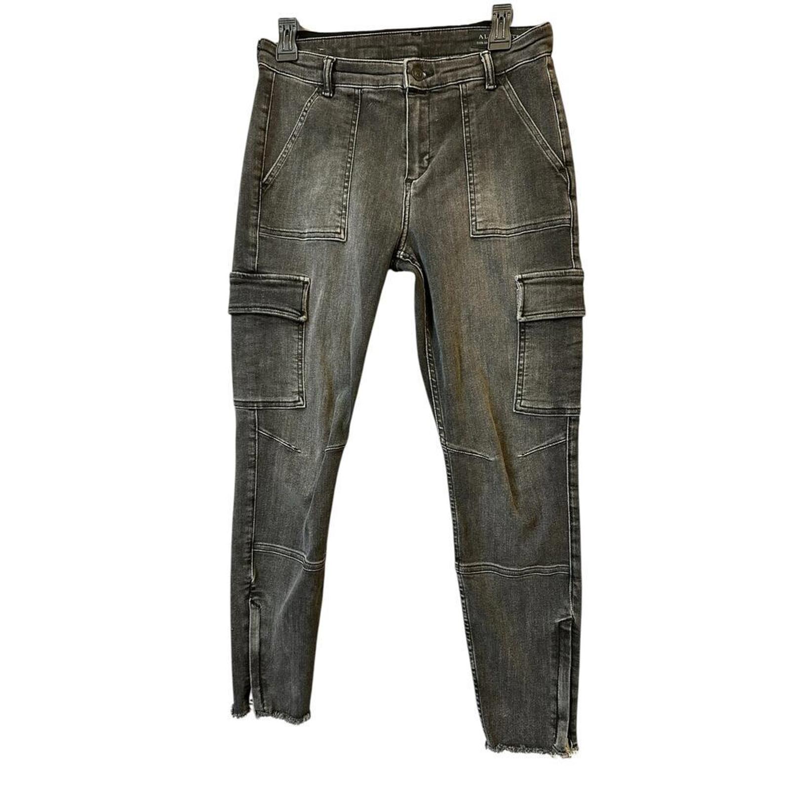 Allsaints Duran Black Denim Cargo Jeans Size 28 Mid Rise Raw Hem Skinny Casual