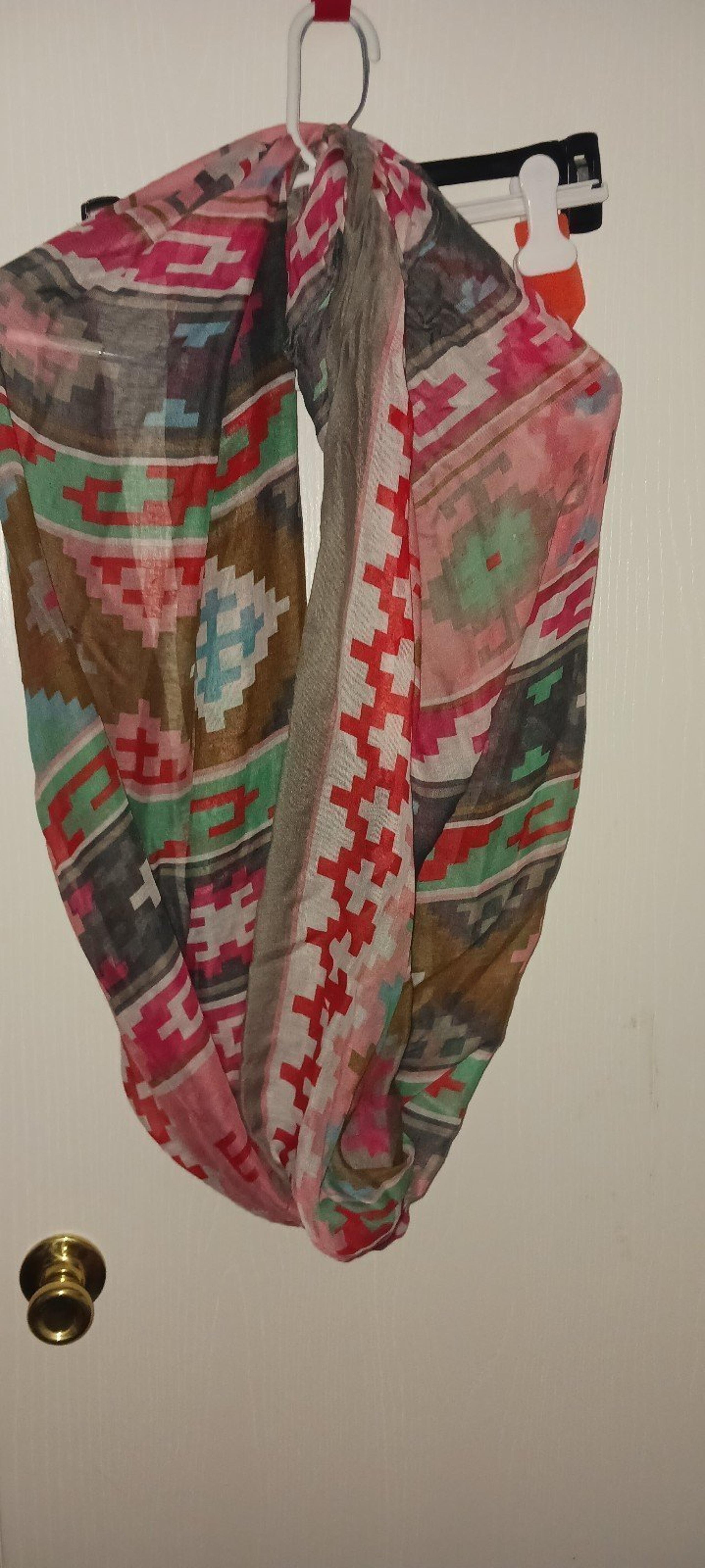 Scarf: Infinity Tribal red, white, brown, and green