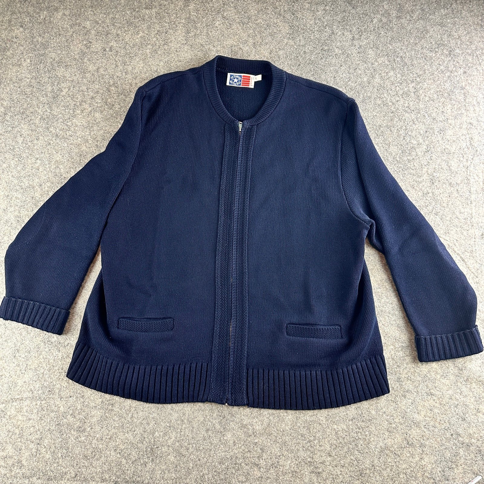 VTG San Francisco Knitting Mills Blue Full Zip Cardigan Sweater Adult Size Large