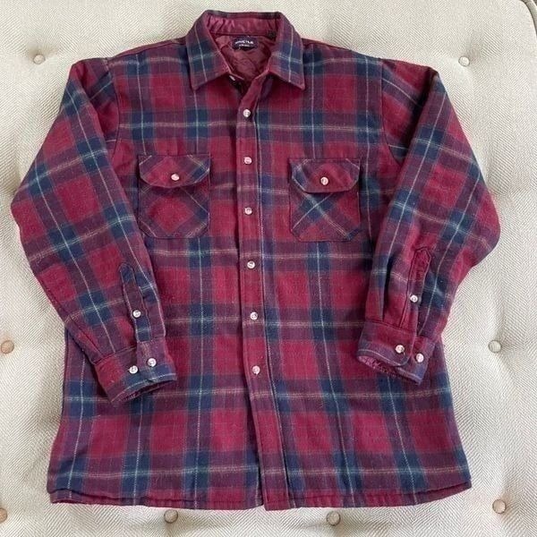 Vintage Burgundy Plaid Sparetime Fleece Button Shirt Quilted Lining Shacket L