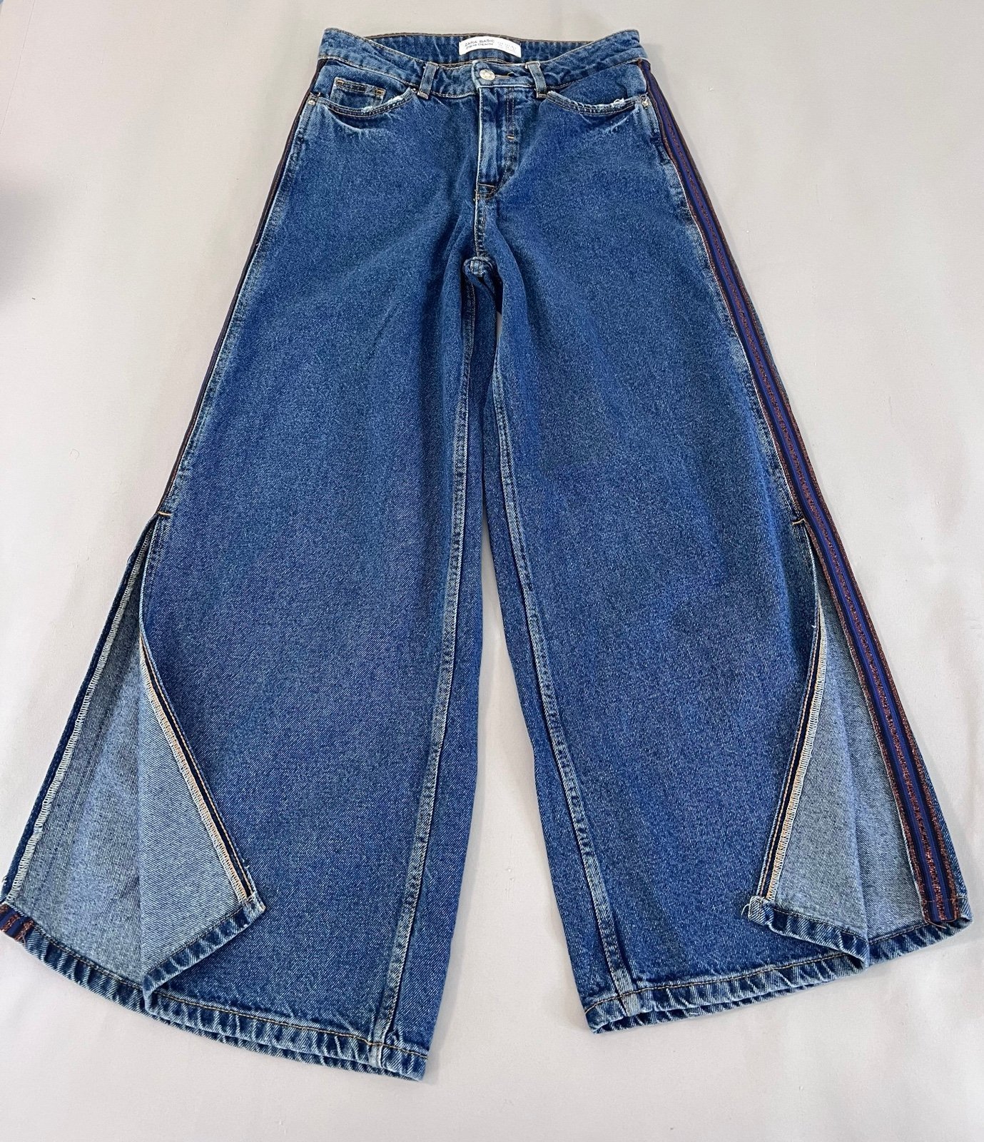 Zara Mom Jeans Women 02 Cropped Wide Leg Stripe Denim Side Slit