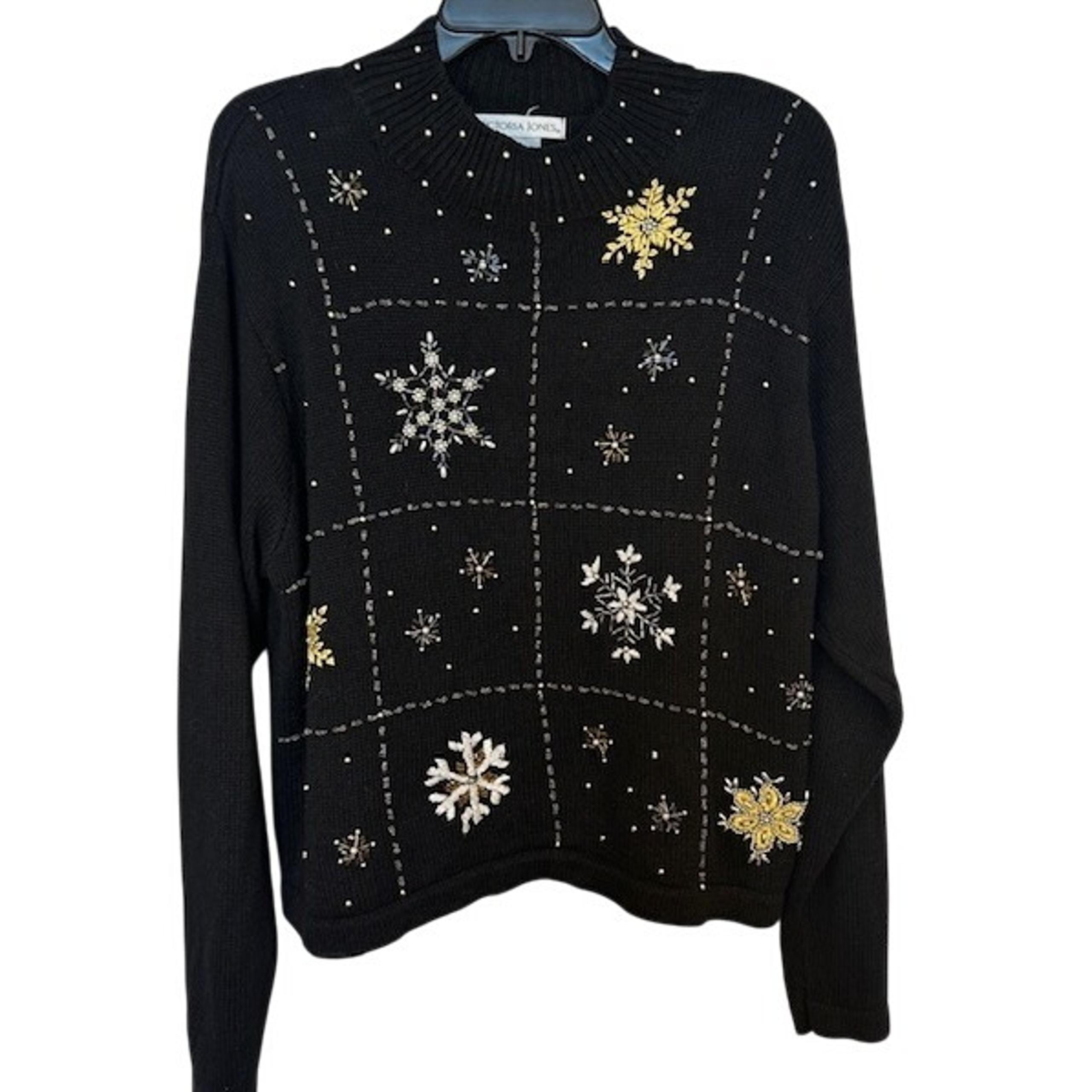 Victoria Jones Women's Black Beaded Embroidered Christmas Sweater XL