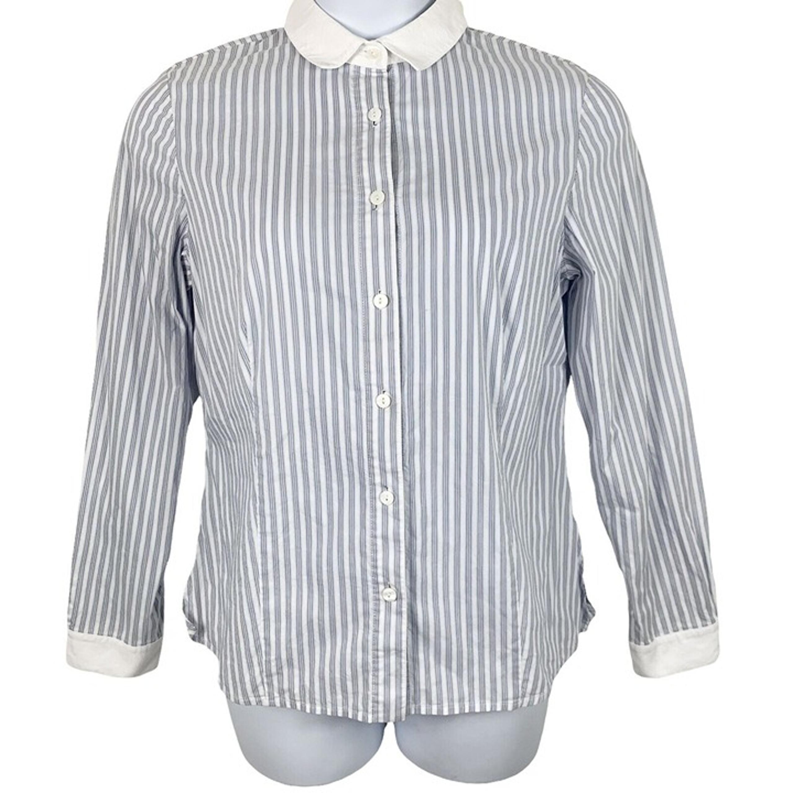 St John Size 10 Shirt Button Striped Blouse White Blue Long Sleeve Stretch FLAW