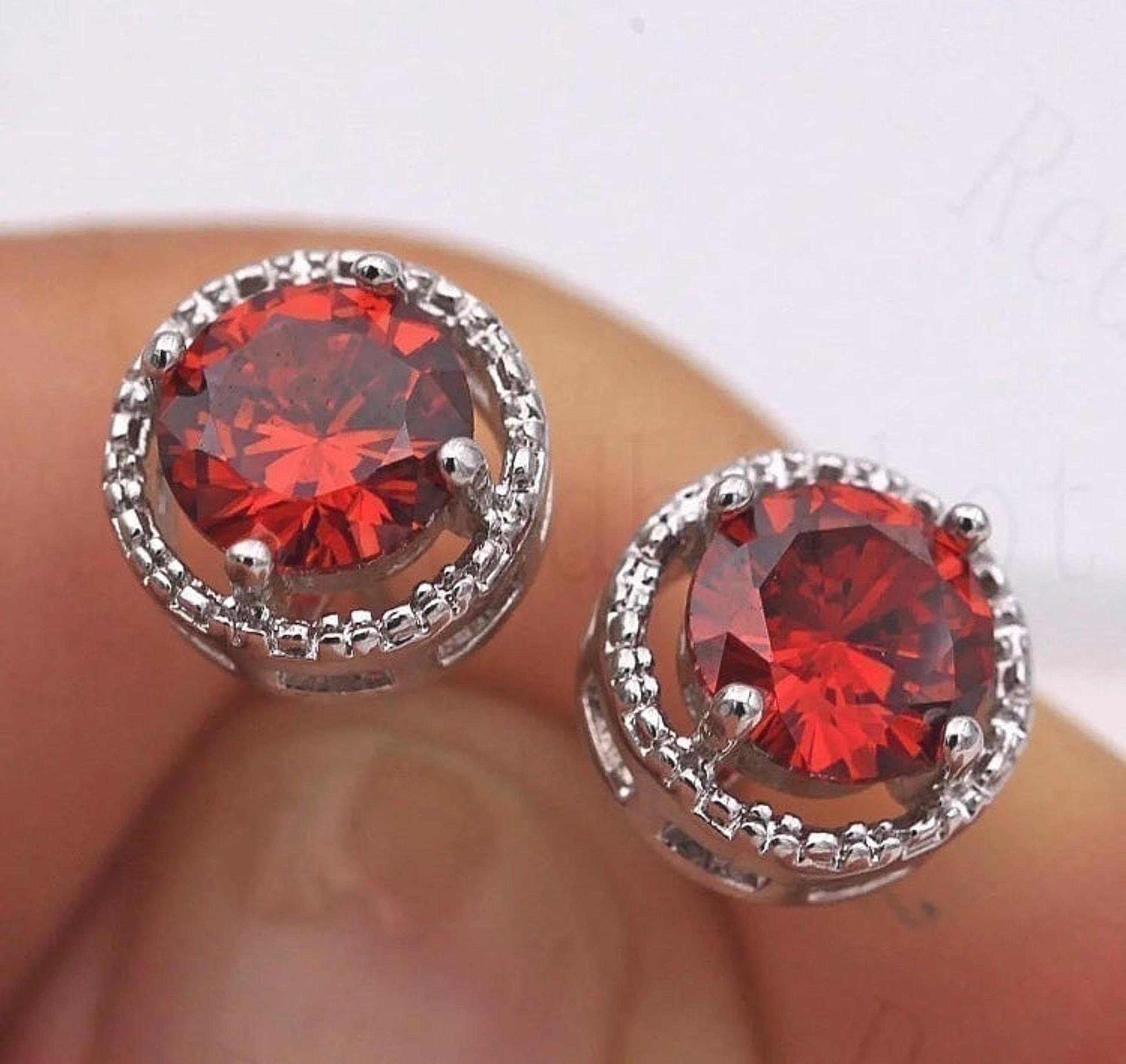 18K White Gold Red Zircon Halo Diamond 7MM Round Solitaire Stud Earrings
