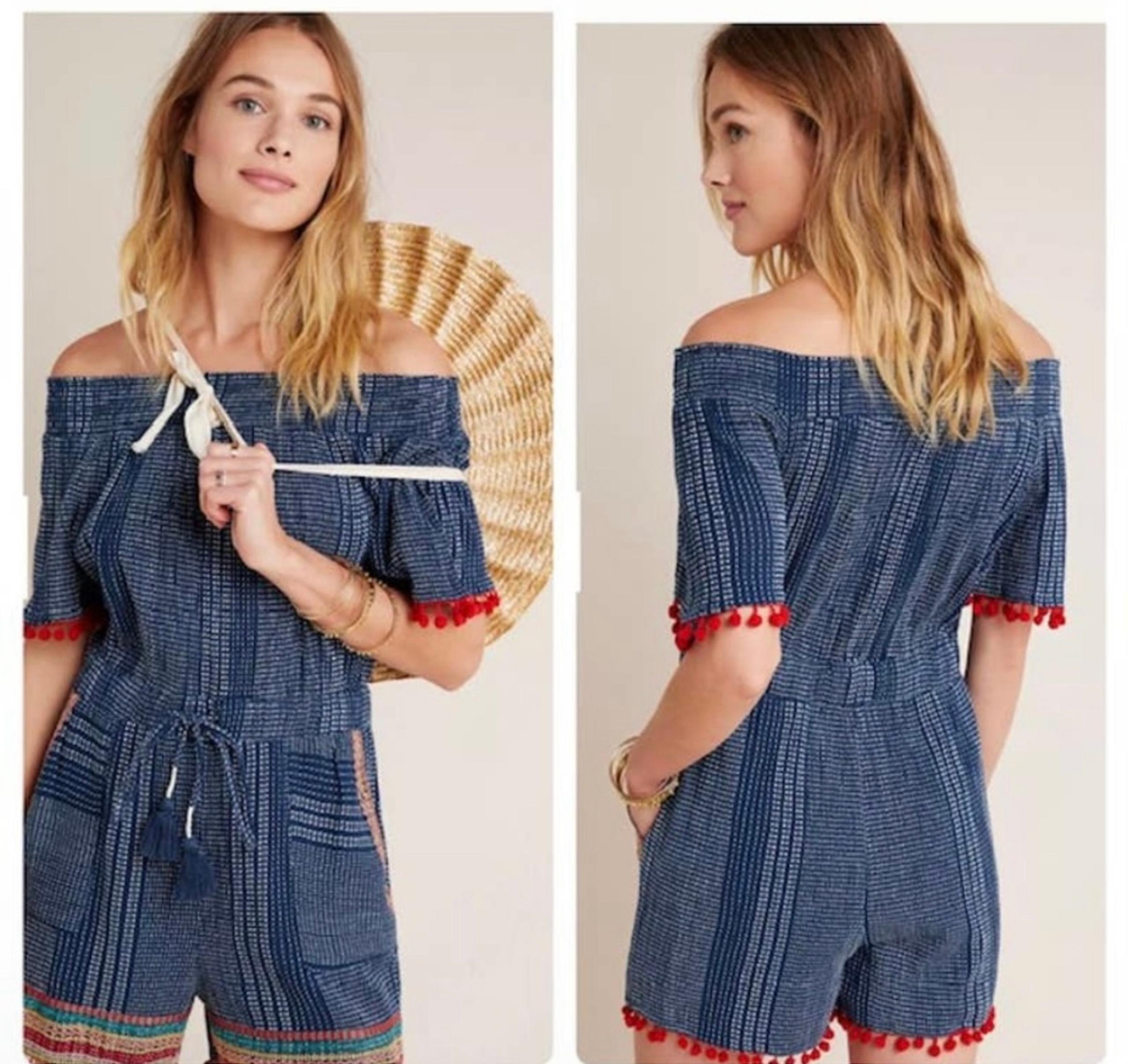 THML Embroidered Off The Shoulder Womens Romper Pom Pom Trim Pockets Cotton XS