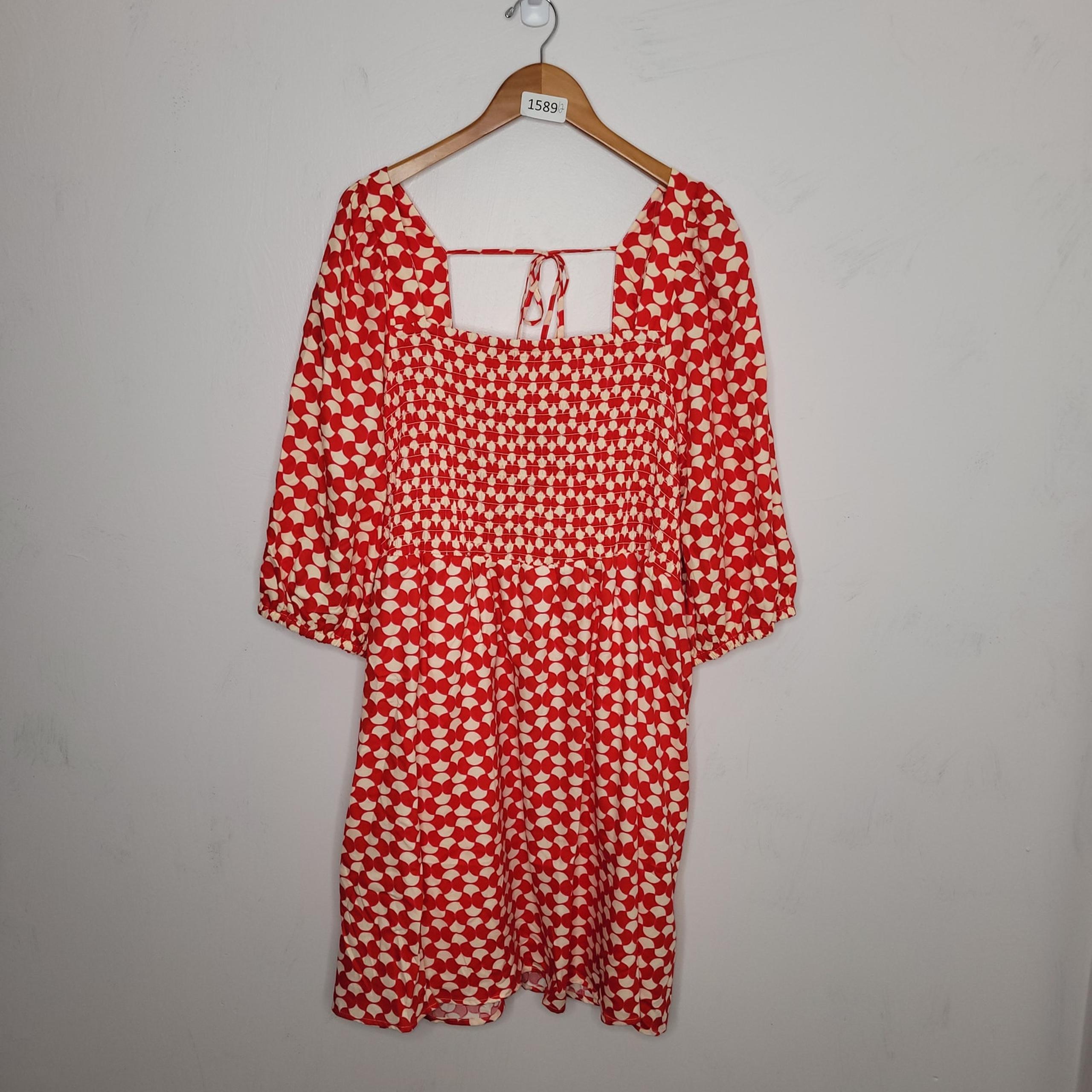 Ava & Viv Women Dress Size 3X Balloon Sleeve Smocked Midi 100 Cotton Red Cream