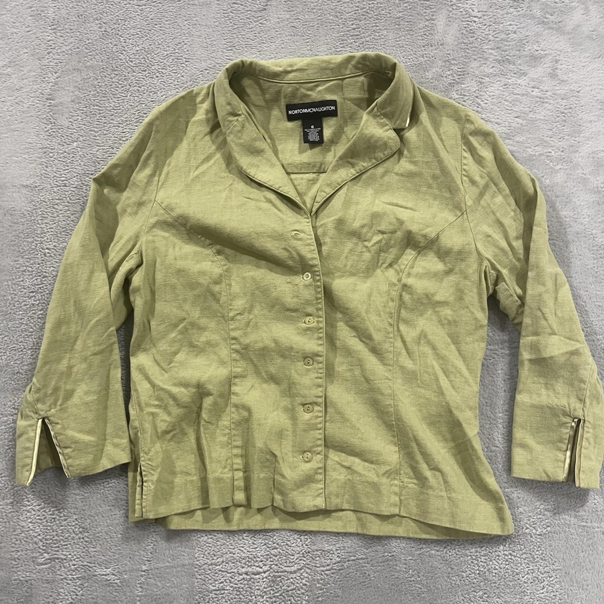 Norton McNaughton Linen Shirt Women's 6 Green Button Down Collared Long Sleeve
