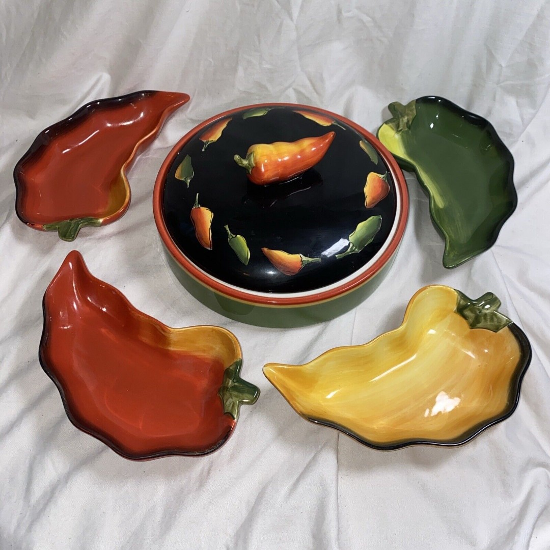 Fiesta chilli Clay pepper bowl plate Tortilla art Warmer 4 Tacos Burritos party