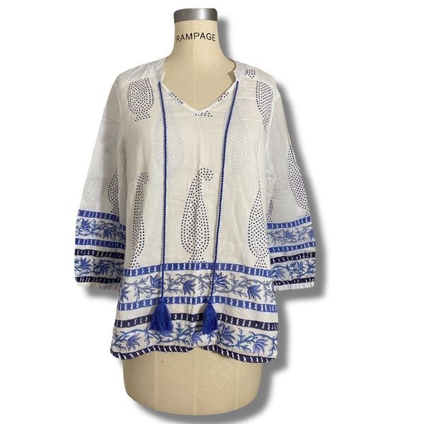 Oliphant Women’s Size Large Paisley Tassel Tunic Top White Blue Floral Printed