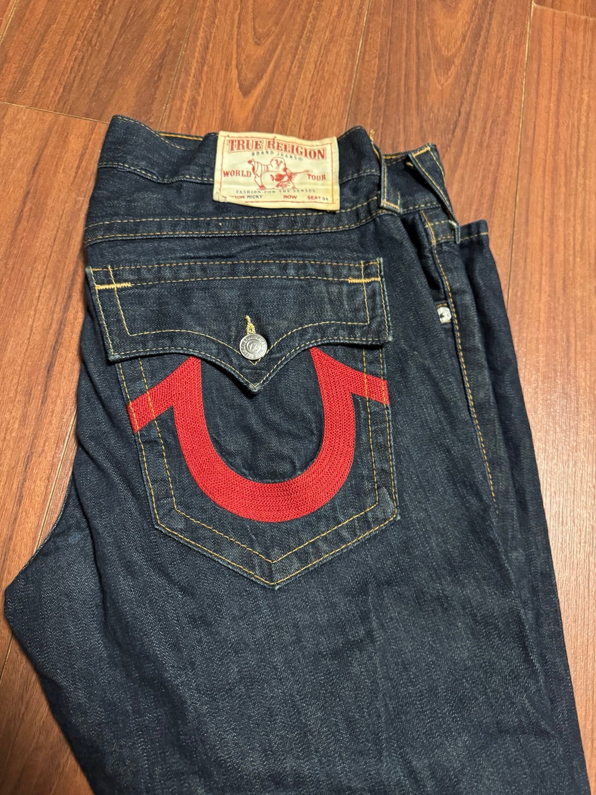 Y2K True Religion Red Embroidered Blue Straight Ricky Jeans Size Mens 36 x 34