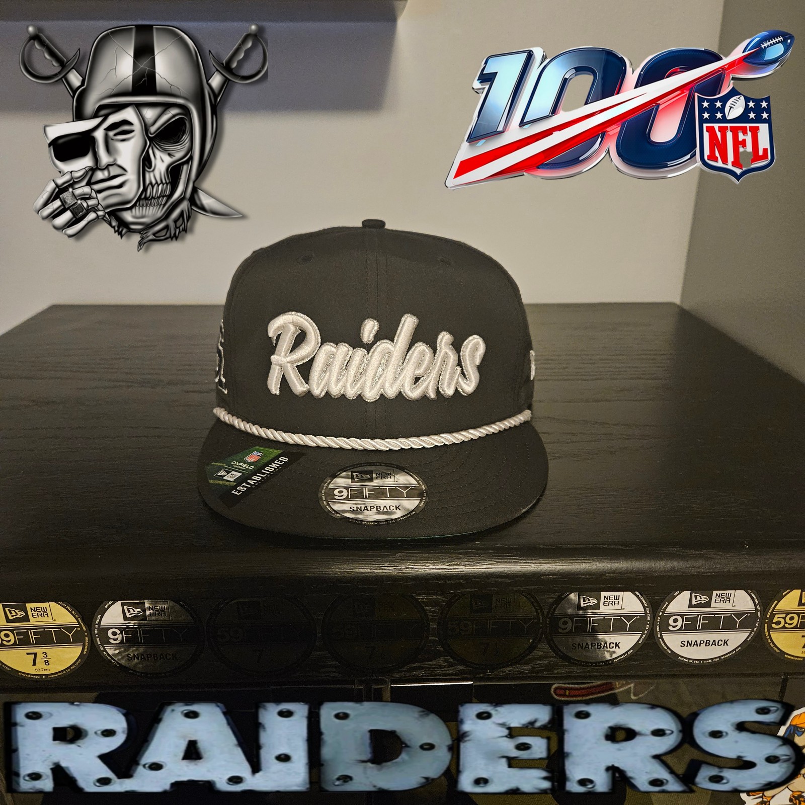 NFL Oakland raiders 100th year anniversary script black snapback hat