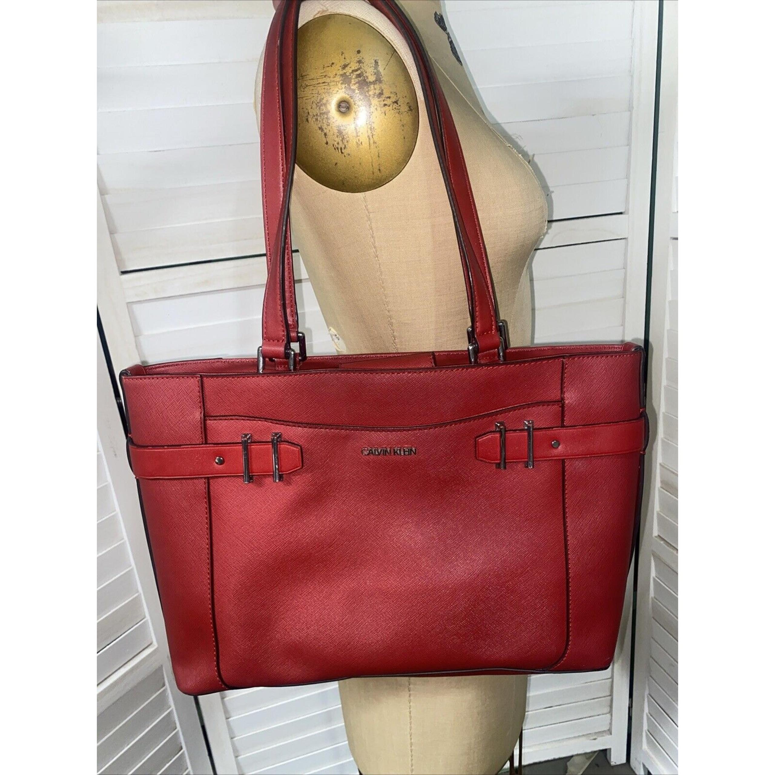 Calvin Klein Large Handbag Red Tote Bag Shoulder Bag Purse Double Handle 16x10