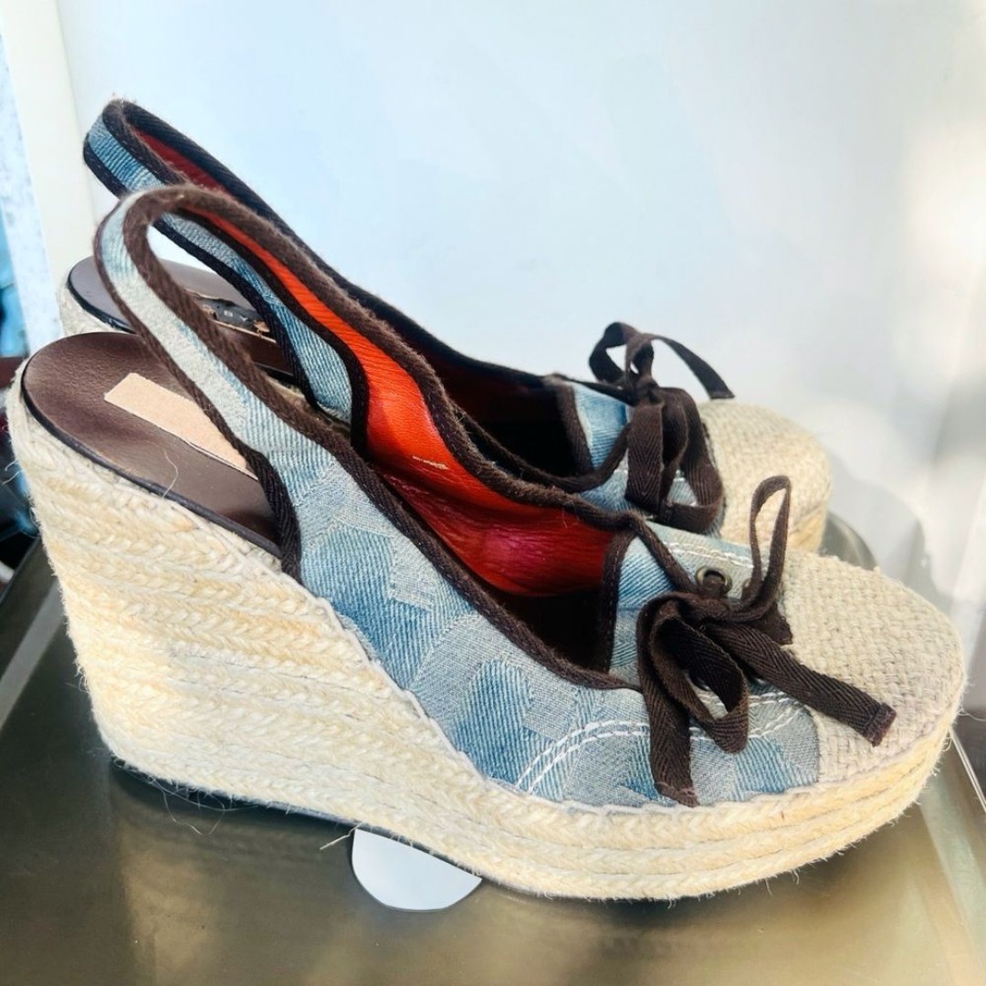 Marc by Marc Jacobs shoes espadrilles logo fabric sling back wedge blue natural