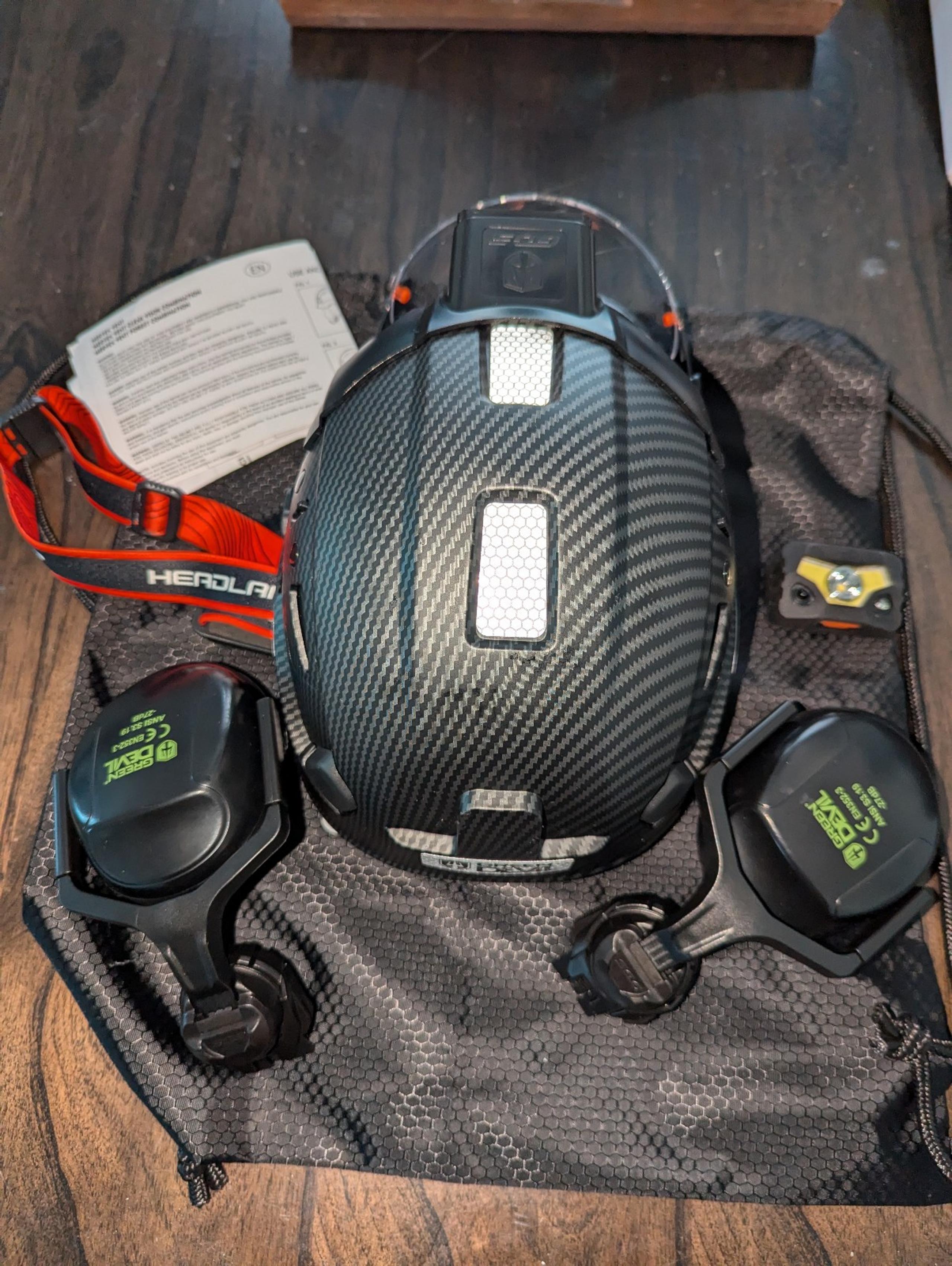 GREEN DEVIL Hard Hat Safety Helmet with Rechargeable Headlamp and earmuffs