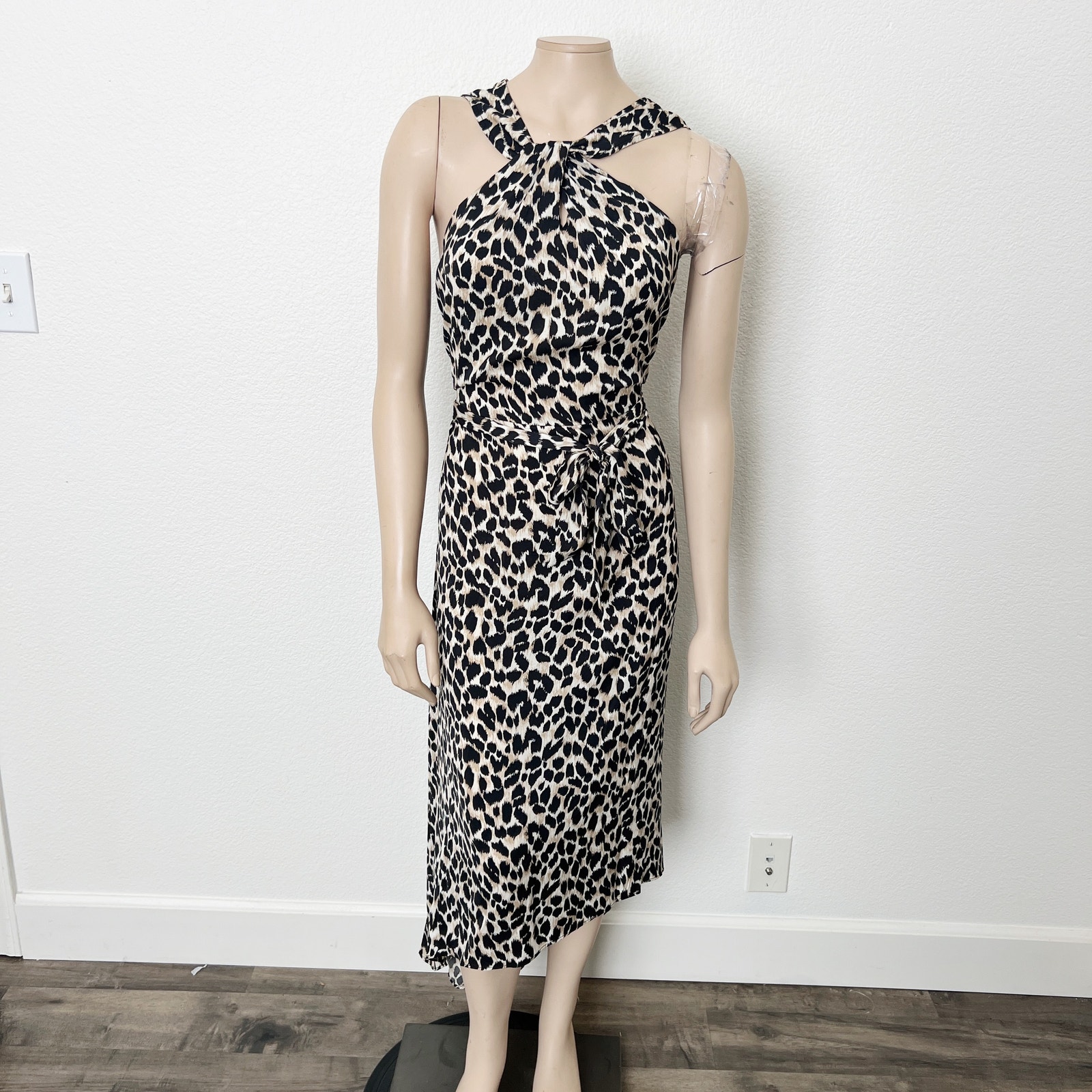 Gigi Parker Sz XL Leopard Animal Print Twisted High Neck Knot Halter Midi Dress