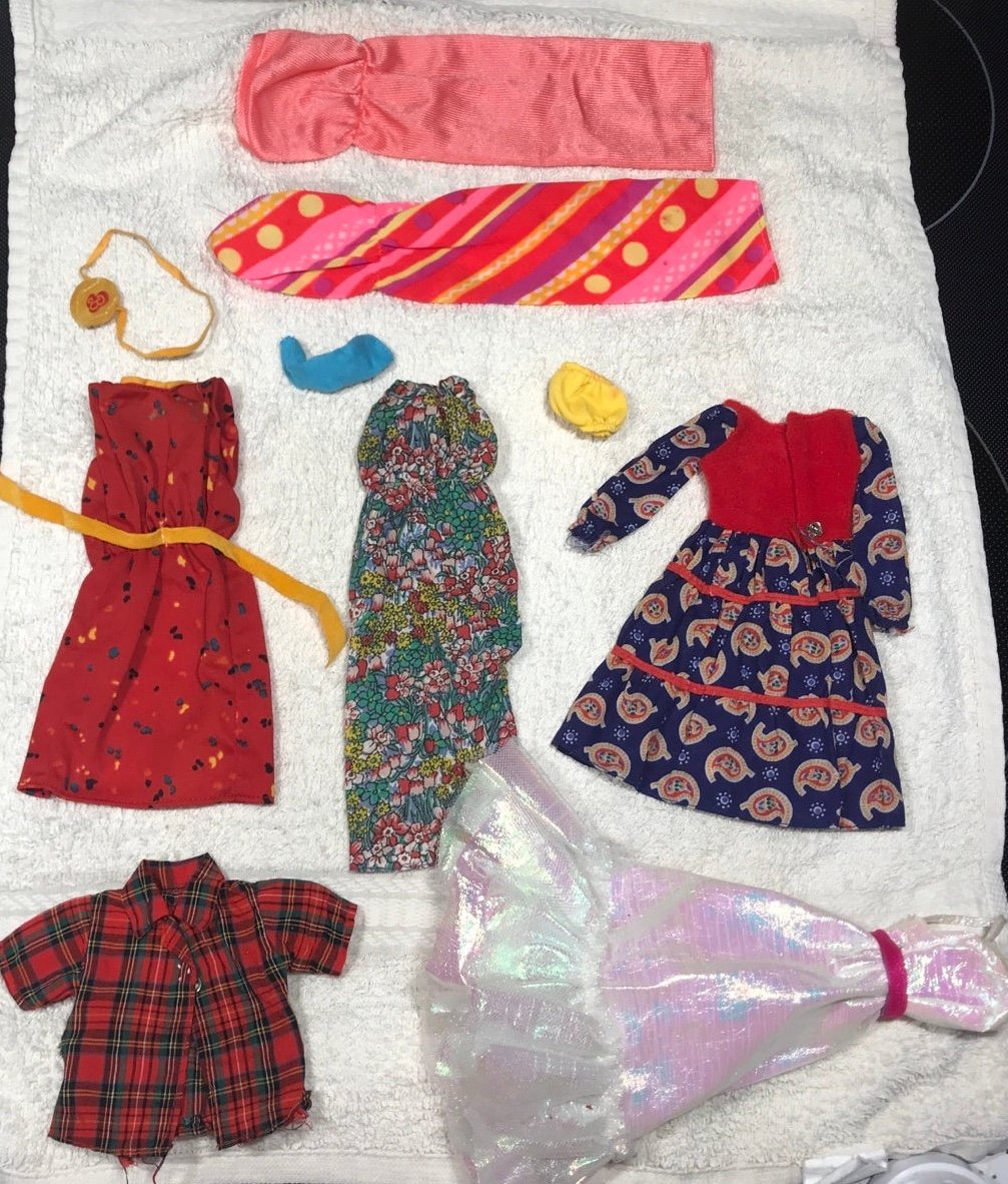 Barbie Doll 1970’s Dresses and Accessories. 6 Dresses, 1 Blouse, Good Shape Lot