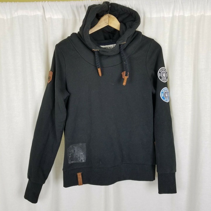 Naketano Hooded Pullover Sweatshirt Hoodie Womens M Melange Patches Cowl Neck