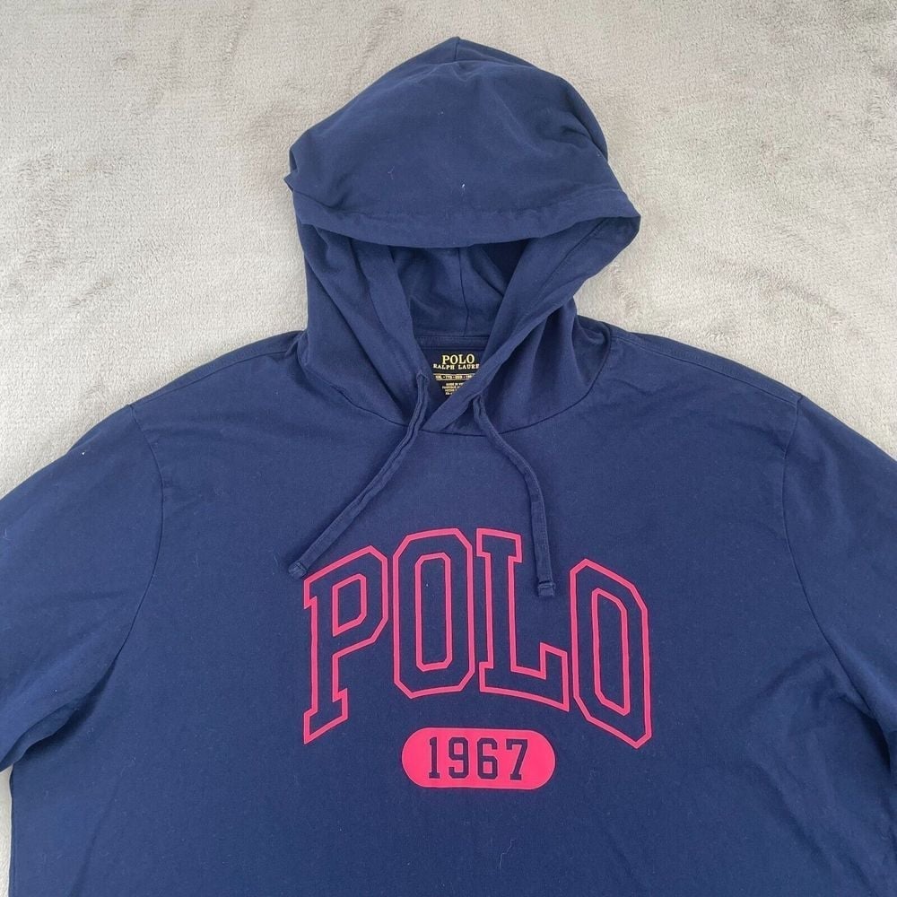 Polo Ralph Lauren T Shirt Men 2XL Navy Hooded Spell Out Logo Long Sleeve Preppy