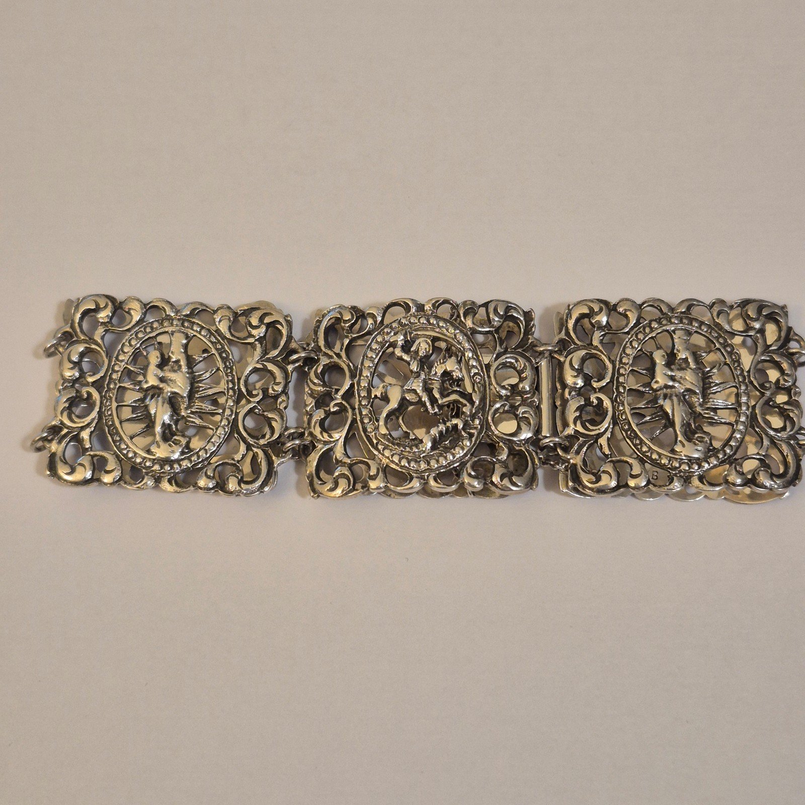 Vintage European 800 Silver Radiant Madonna & Saint George Panel Bracelet