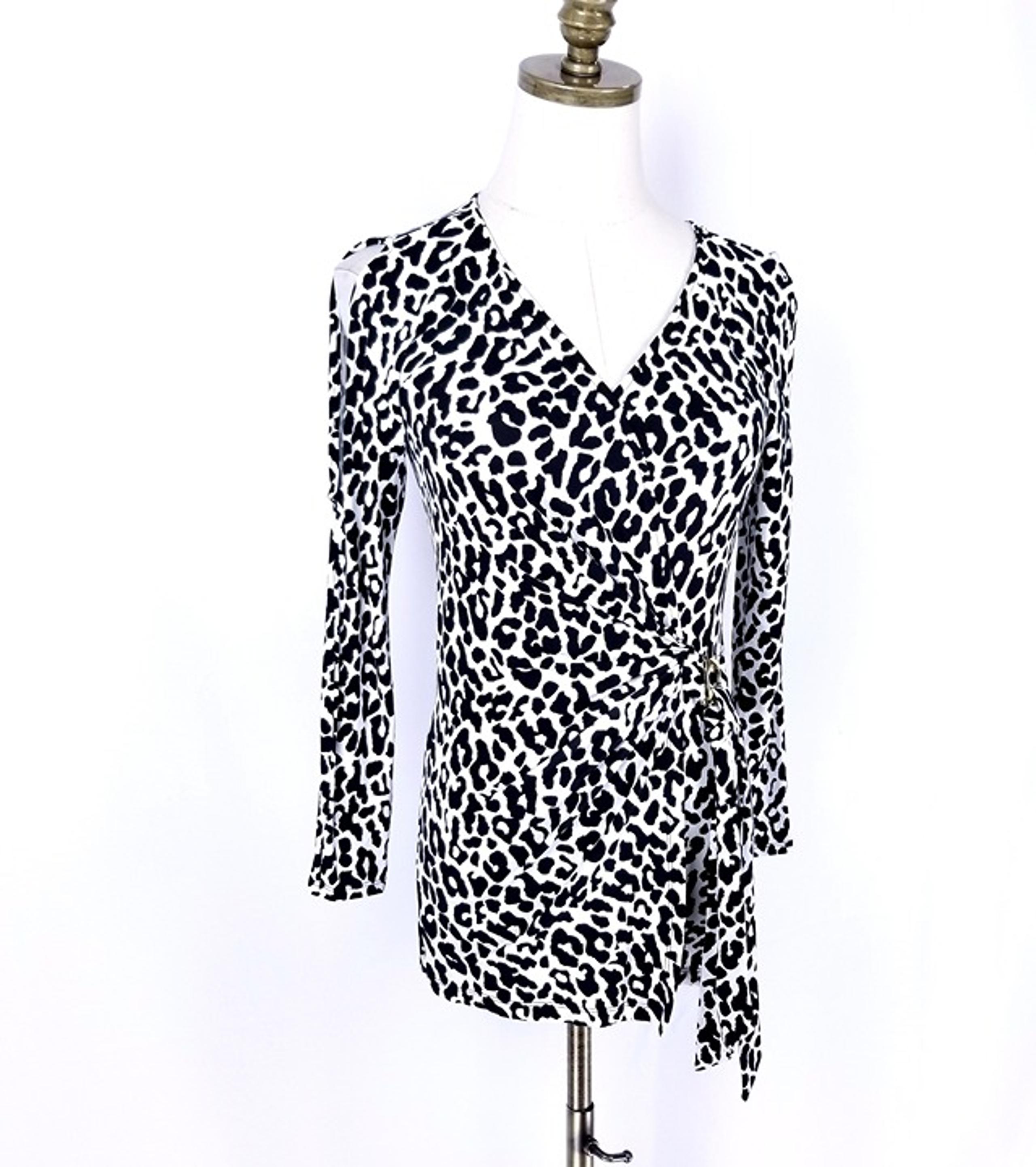 Cache Long Sleeve Cold Shoulder Faux Wrap Top Size XS Black White Animal Print