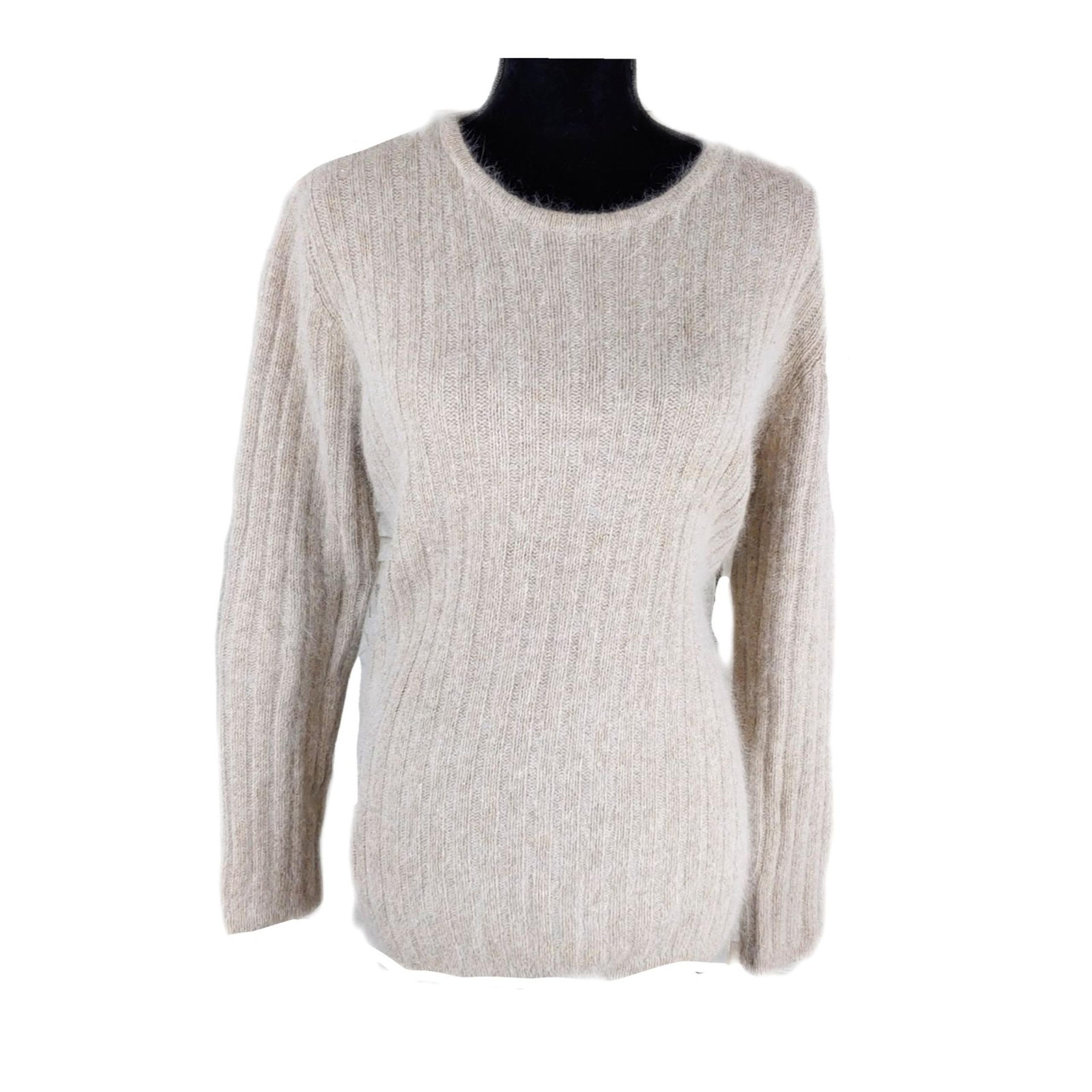 Rafaella Womens M Lambs Wool Blend Taupe Ribbed Round Neck Sweater