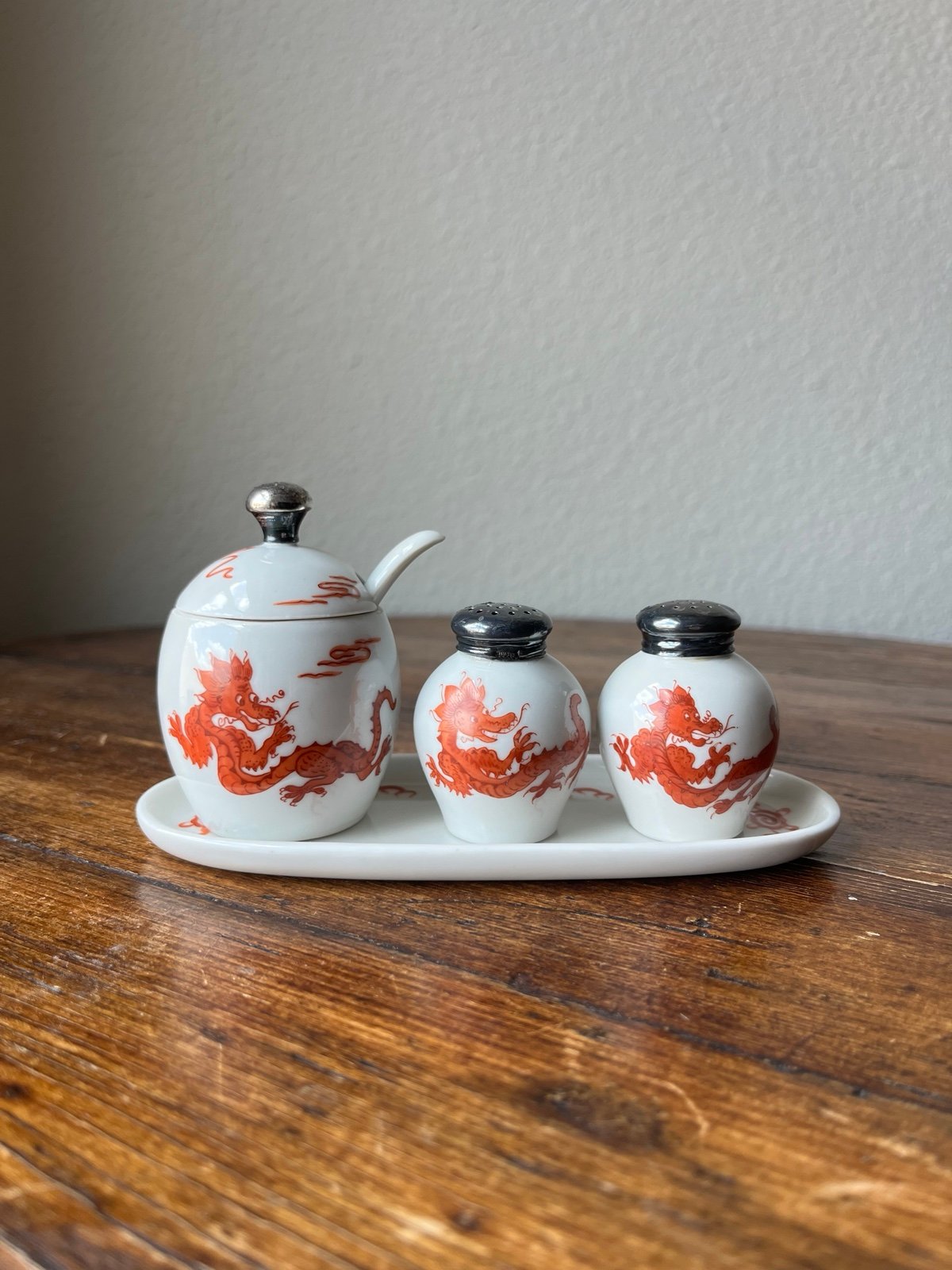 AP Meiben Germany Porcelain Dragon Design Salt, Pepper & Mustard Set