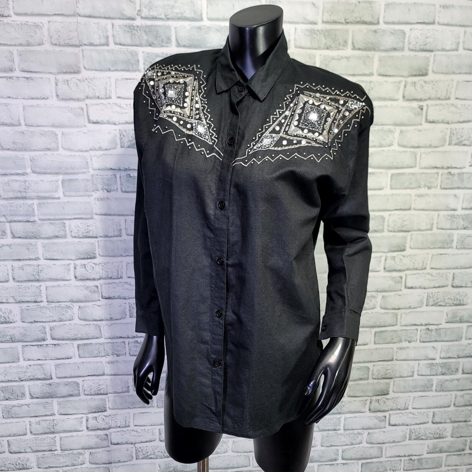 Vintage 90s Massimo Womens 6 Black Linen Blend Embellished Studded Western Shirt