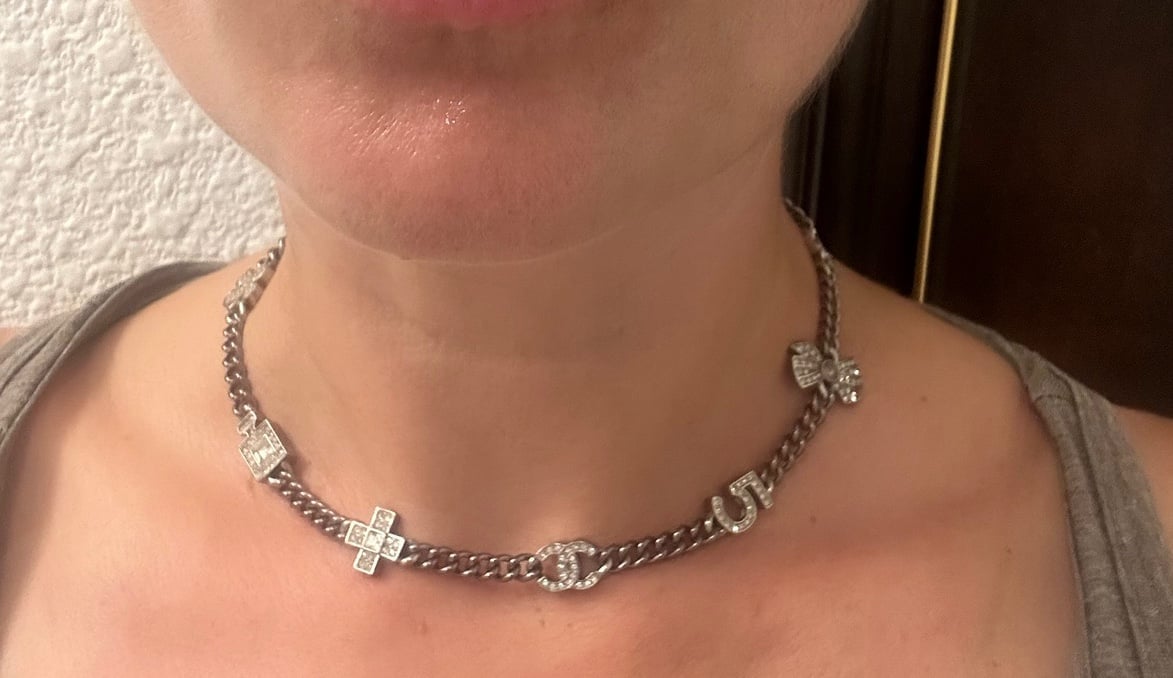 Auth Chanel Ruthenium Crystal Chain 7 CC Lucky Charms Choker Silver