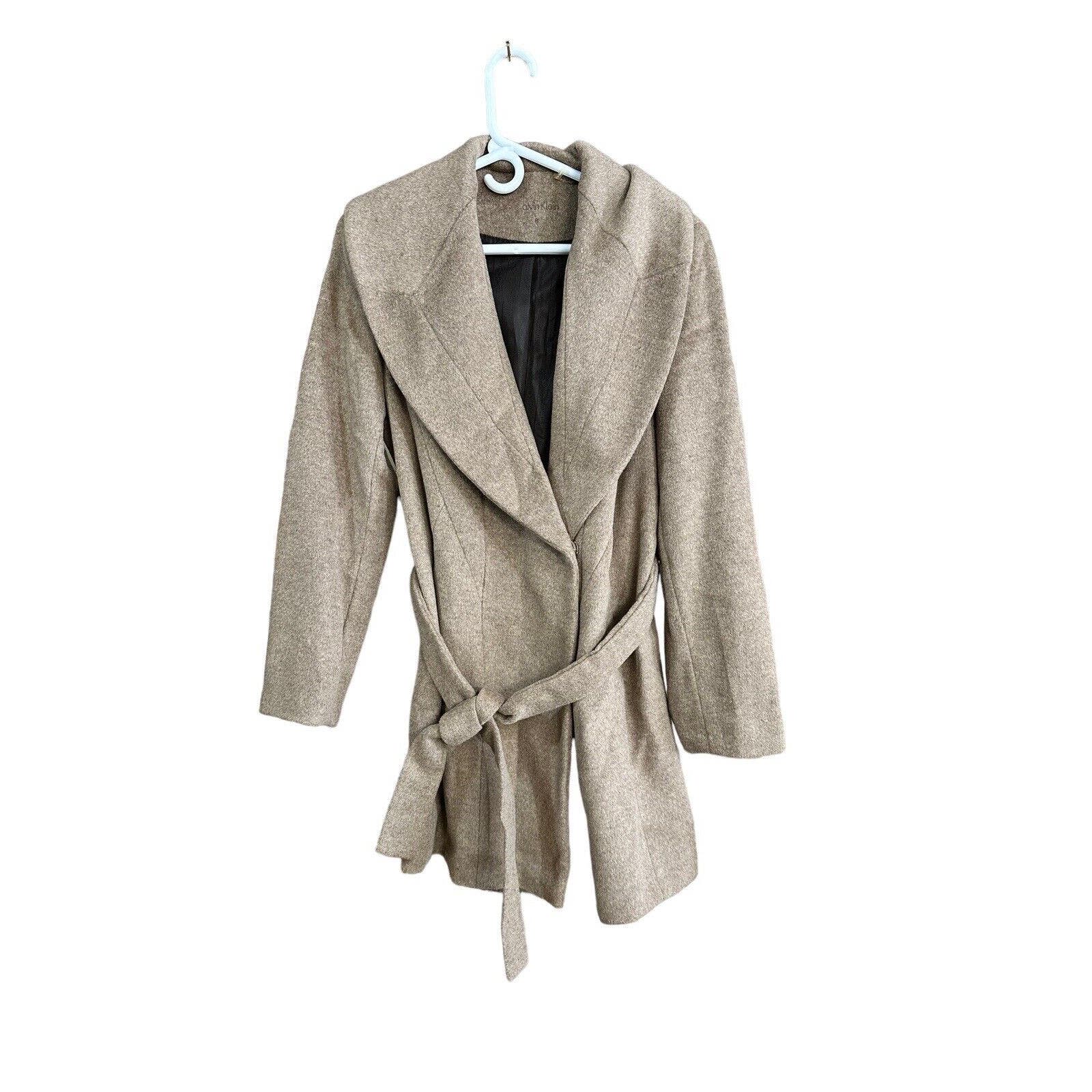 Calvin Klein Khaki Tan Wool/Silk Blend Belted Trench Coat Women Size 8 NWT