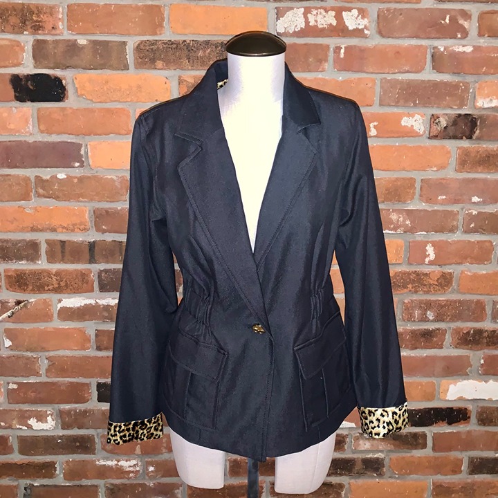 Iman Dark Denim Blazer With Animal Print Lining And Cuffs Size Small
