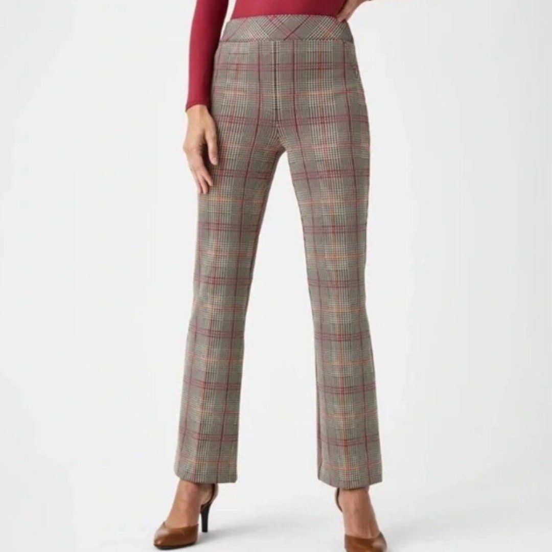 Spanx Womens PBP Perfect Kick Flare Pant Crop Orange Pop Plaid Small Petite NWT