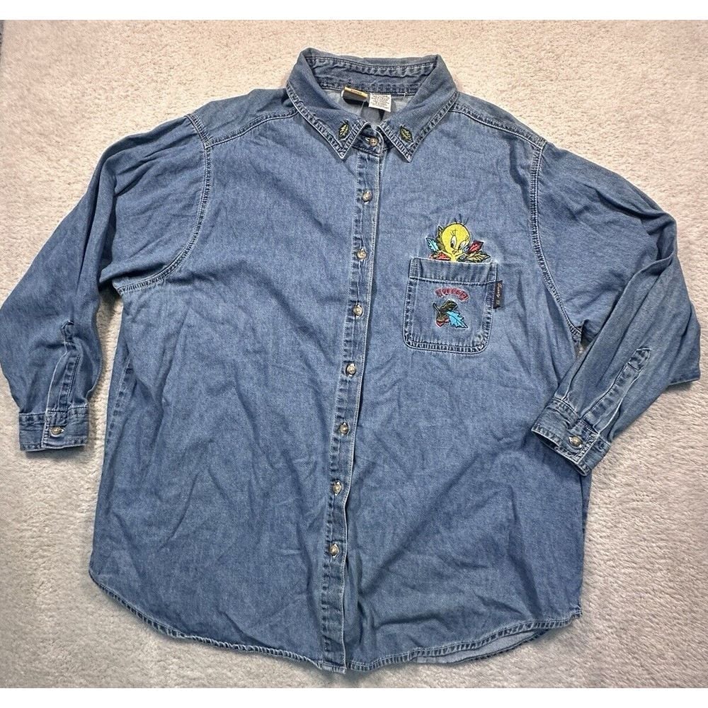 Vintage Y2K Looney Tunes Embroidered Chambray Button Up Shirt Women's 22W/24W