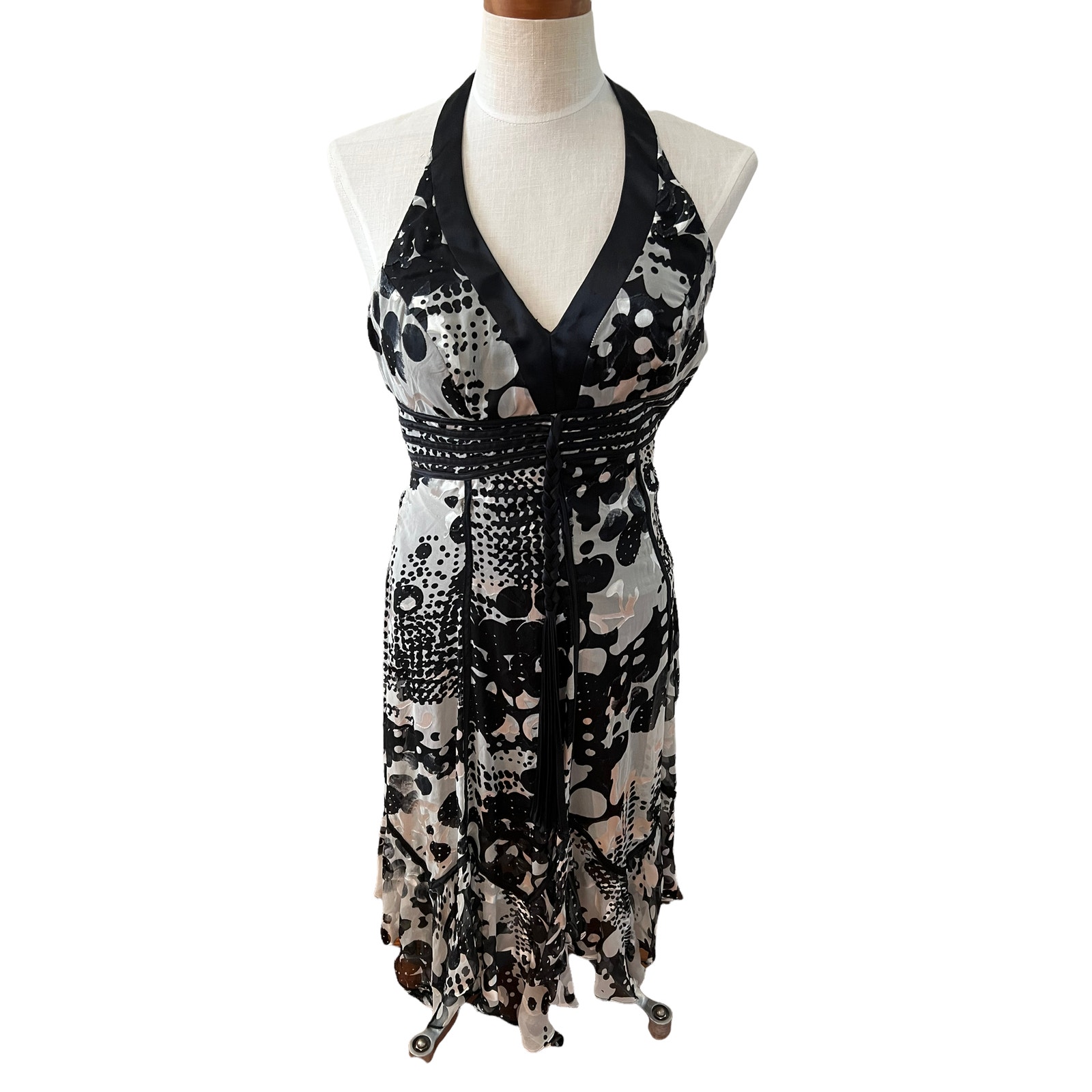 Vintage Y2K Sue Wong Silk & Burnt velvet silk halter handkerchief hem dress