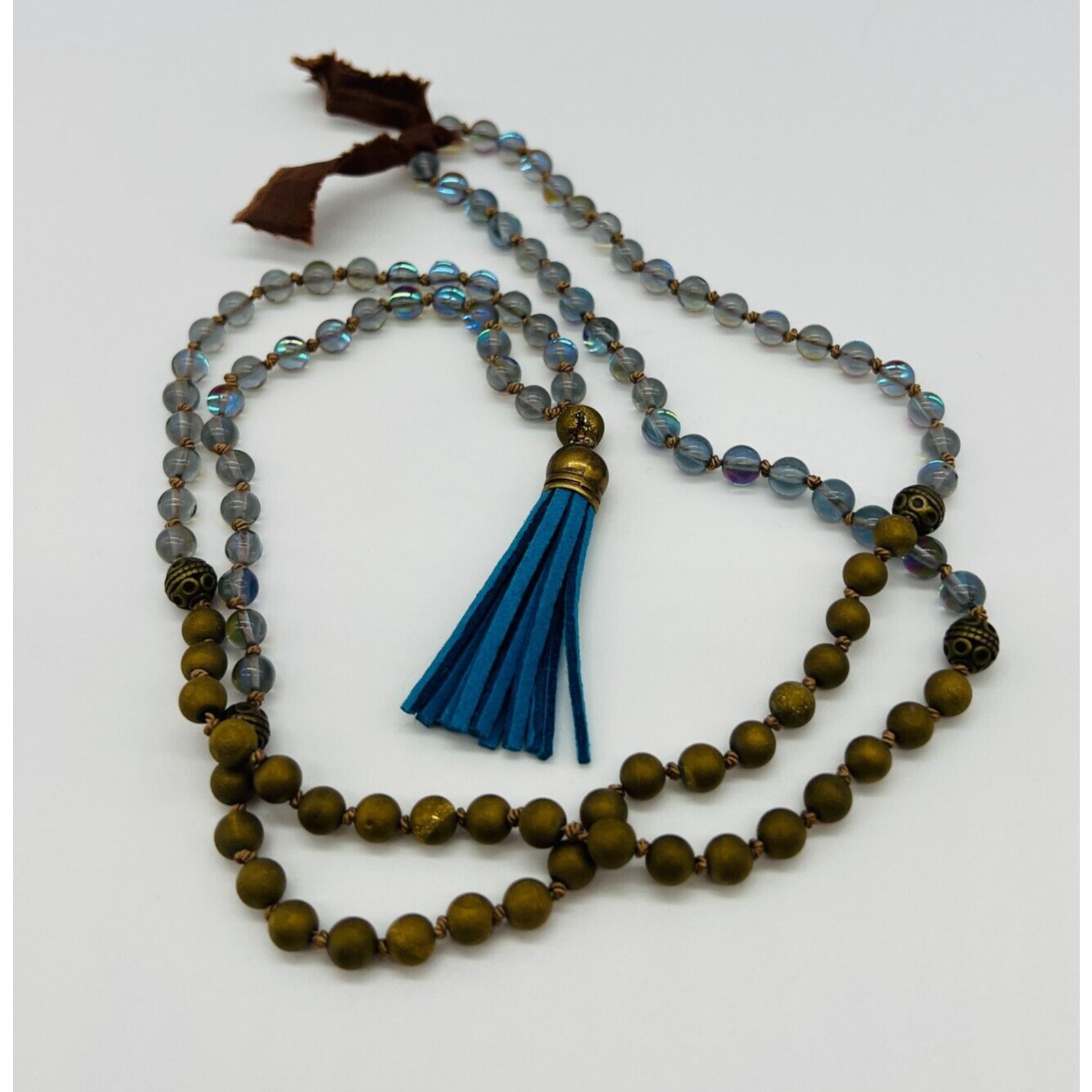 108 knot mala necklace blue bronzequartz beads blue suede tassel throat chakra