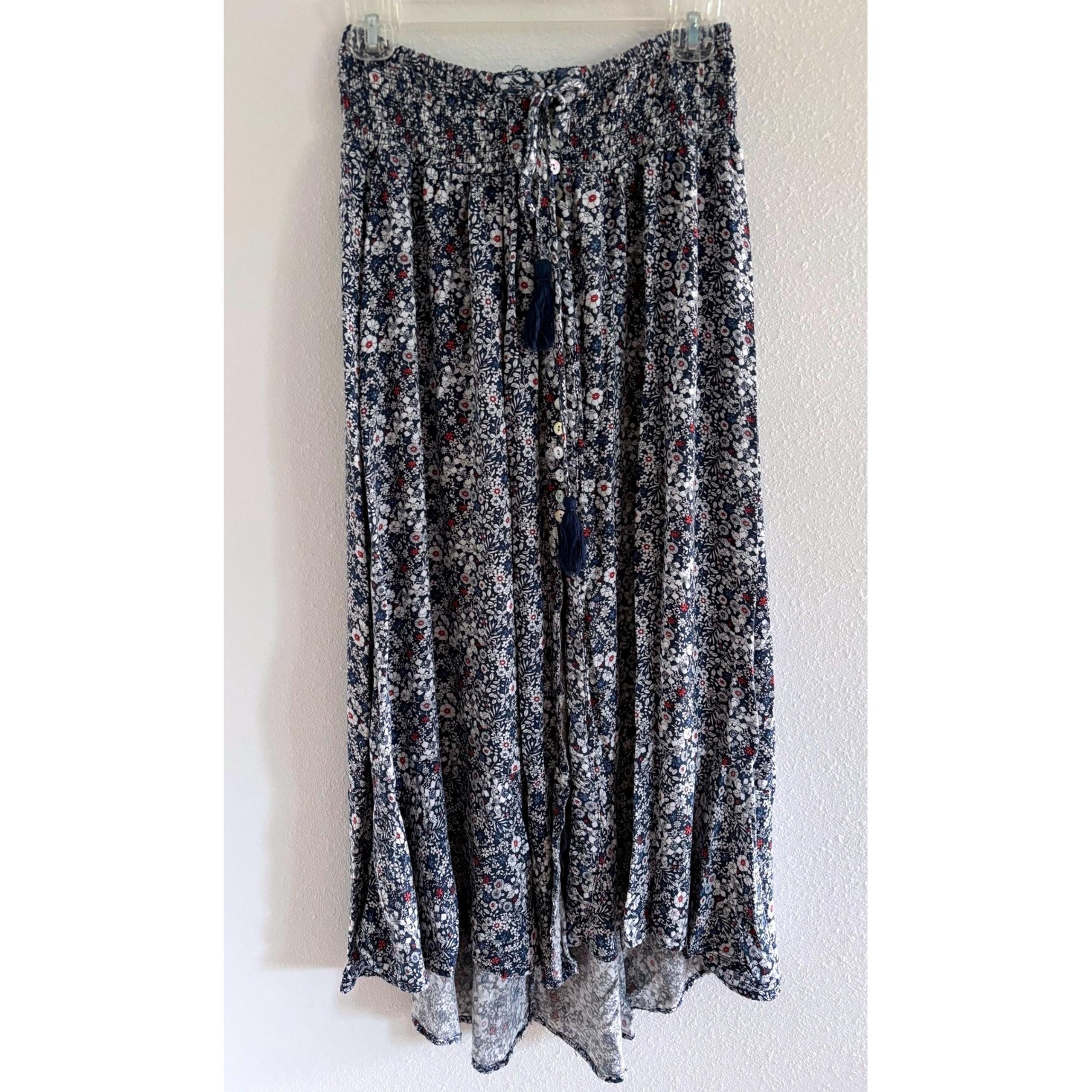 Rachel Zoe Skirt Womens Large Blue Floral Maxi Button Tie Boho Prairie Peasant