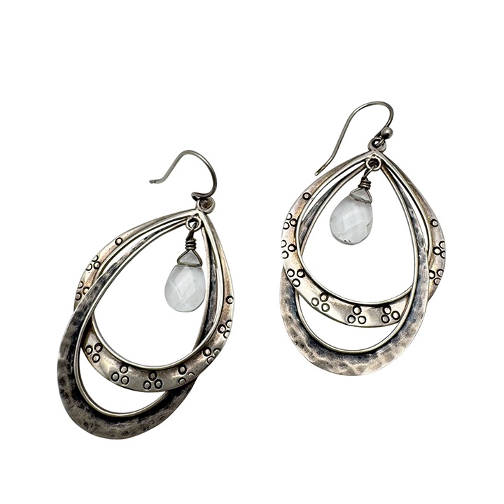 Silpada Sterling Silver Double Hoop Earrings Clear Crystal Dangle Etched Design