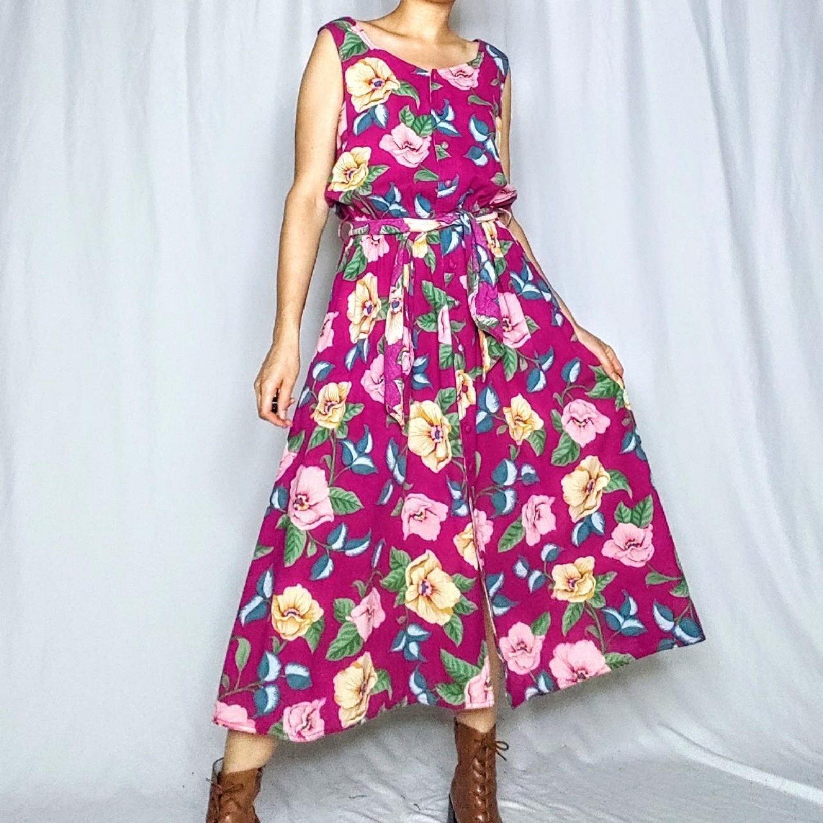 80s vintage cotton floral midi dress