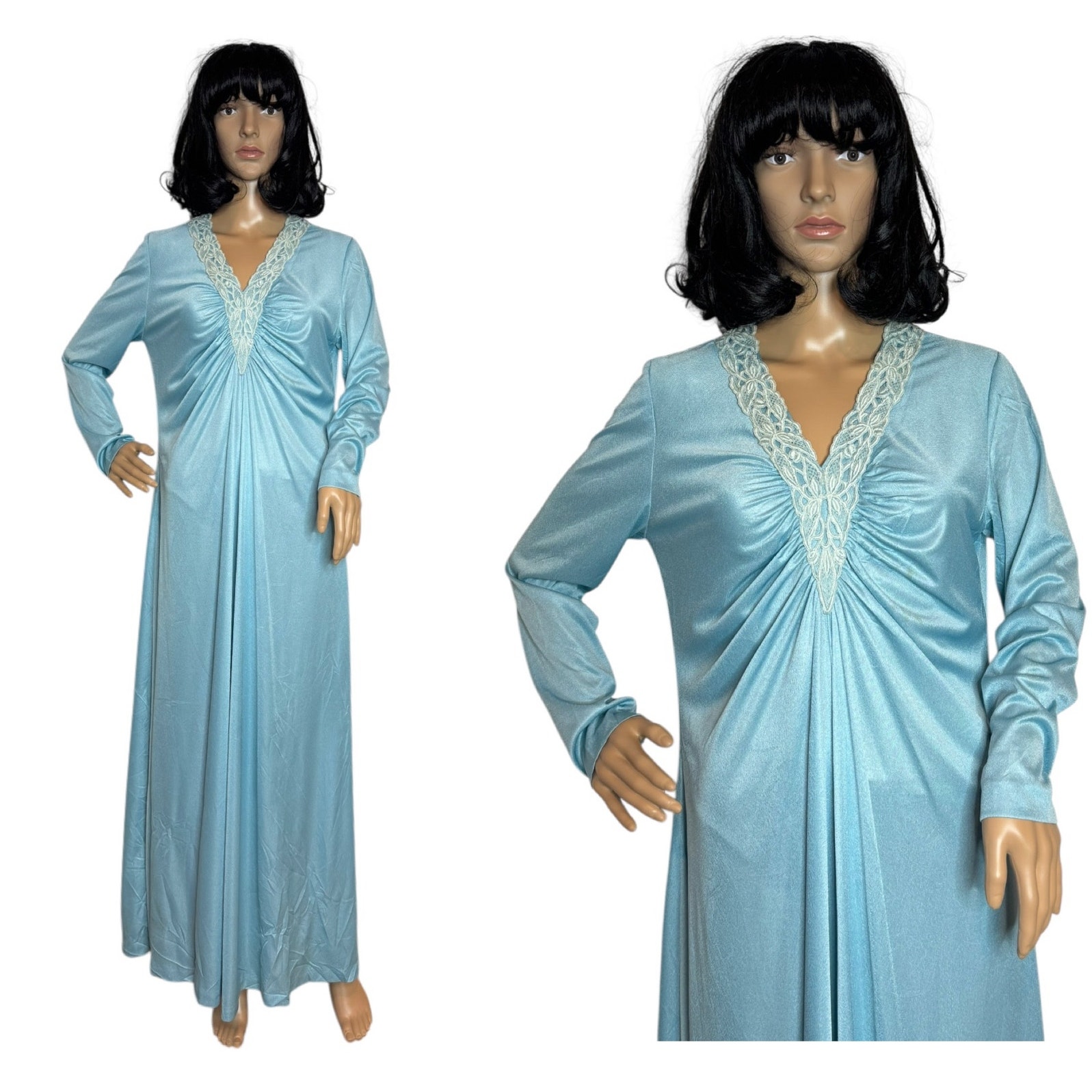 Vintage 60's OOAK unbranded laced V neck blue long sleeved maxi dress small