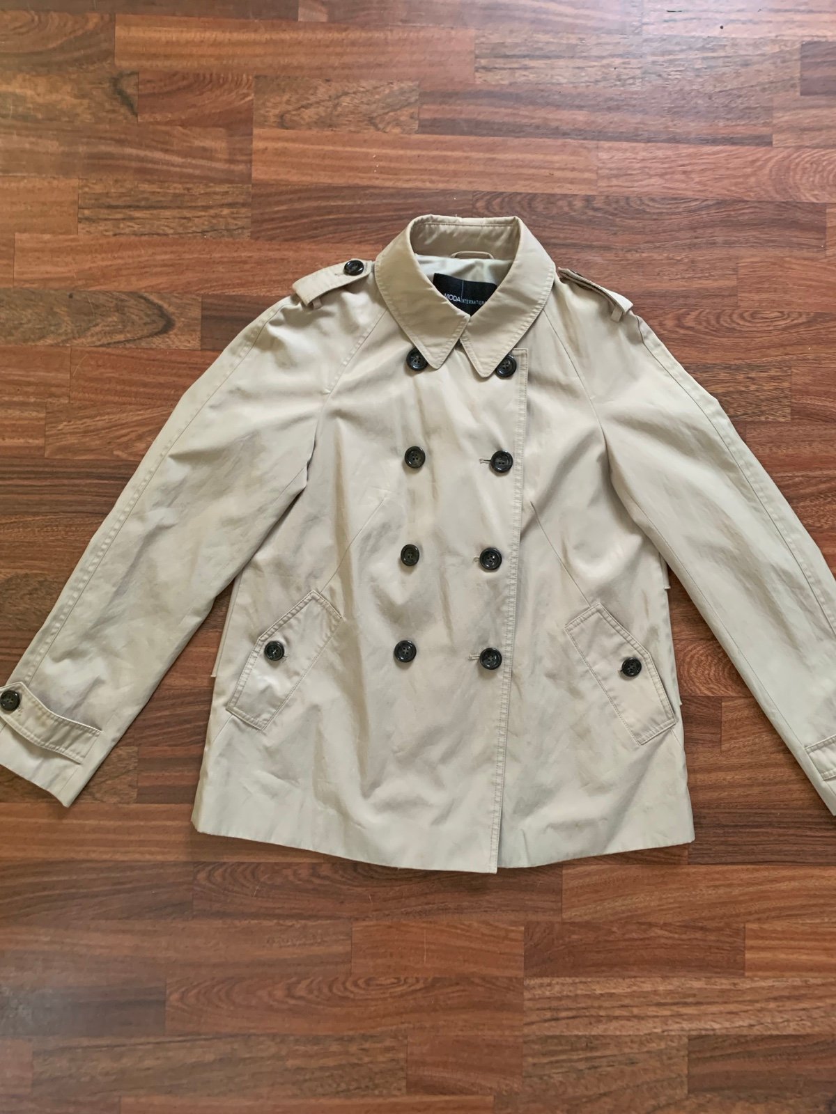 Moda international Women Double Breasted tiered Ruffle back trench jacket Sz M