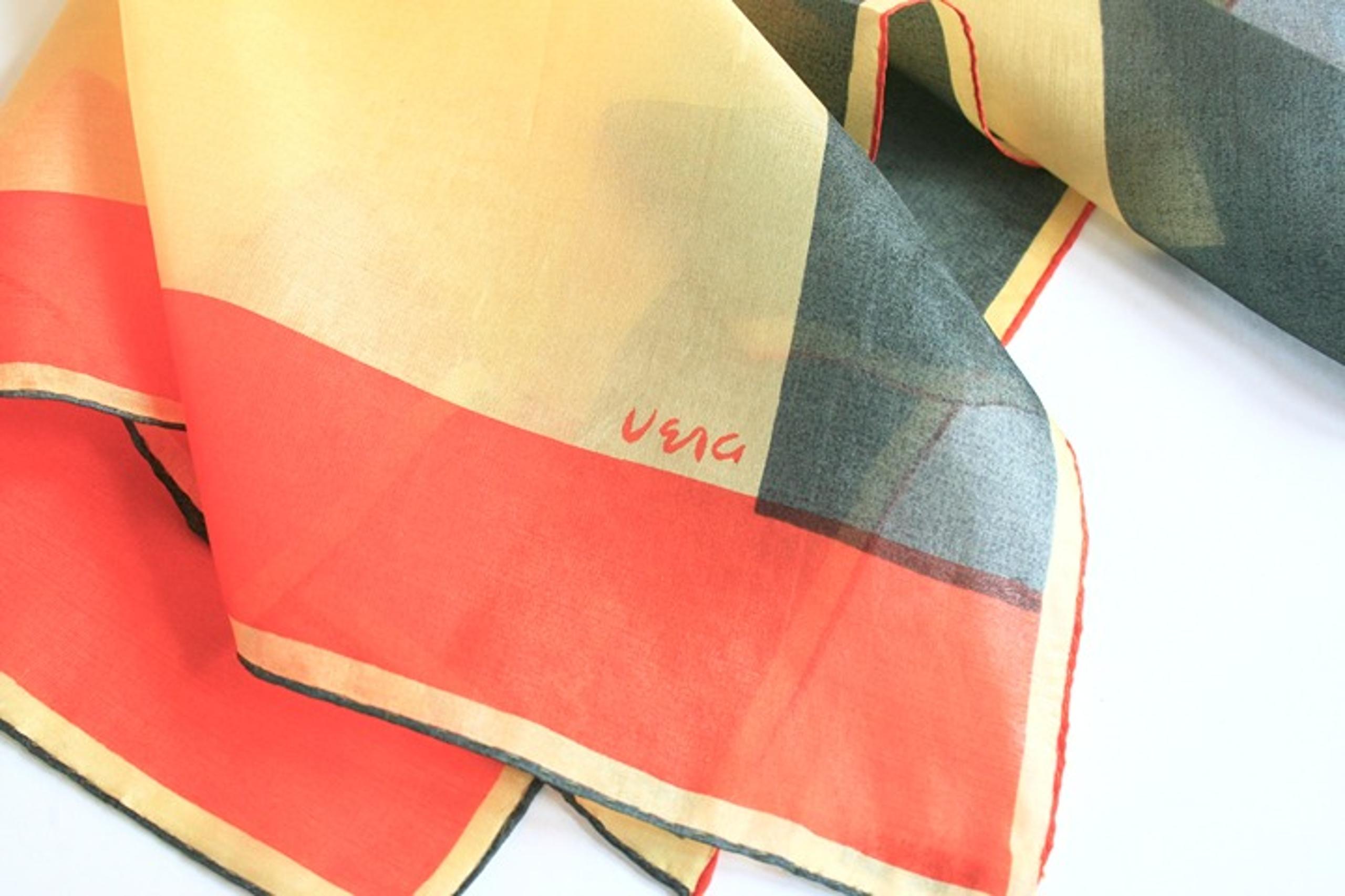 Vintage Vera Neumann silk neckerchief small unisex scarf color block orange