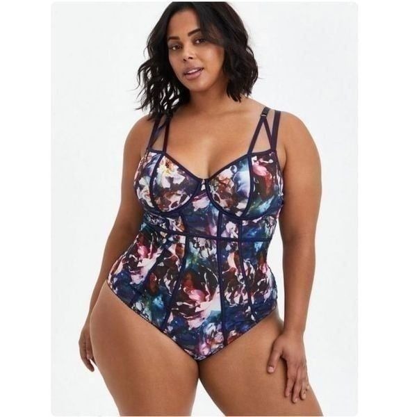 Torrid blue floral galaxy mesh piping bodysuit