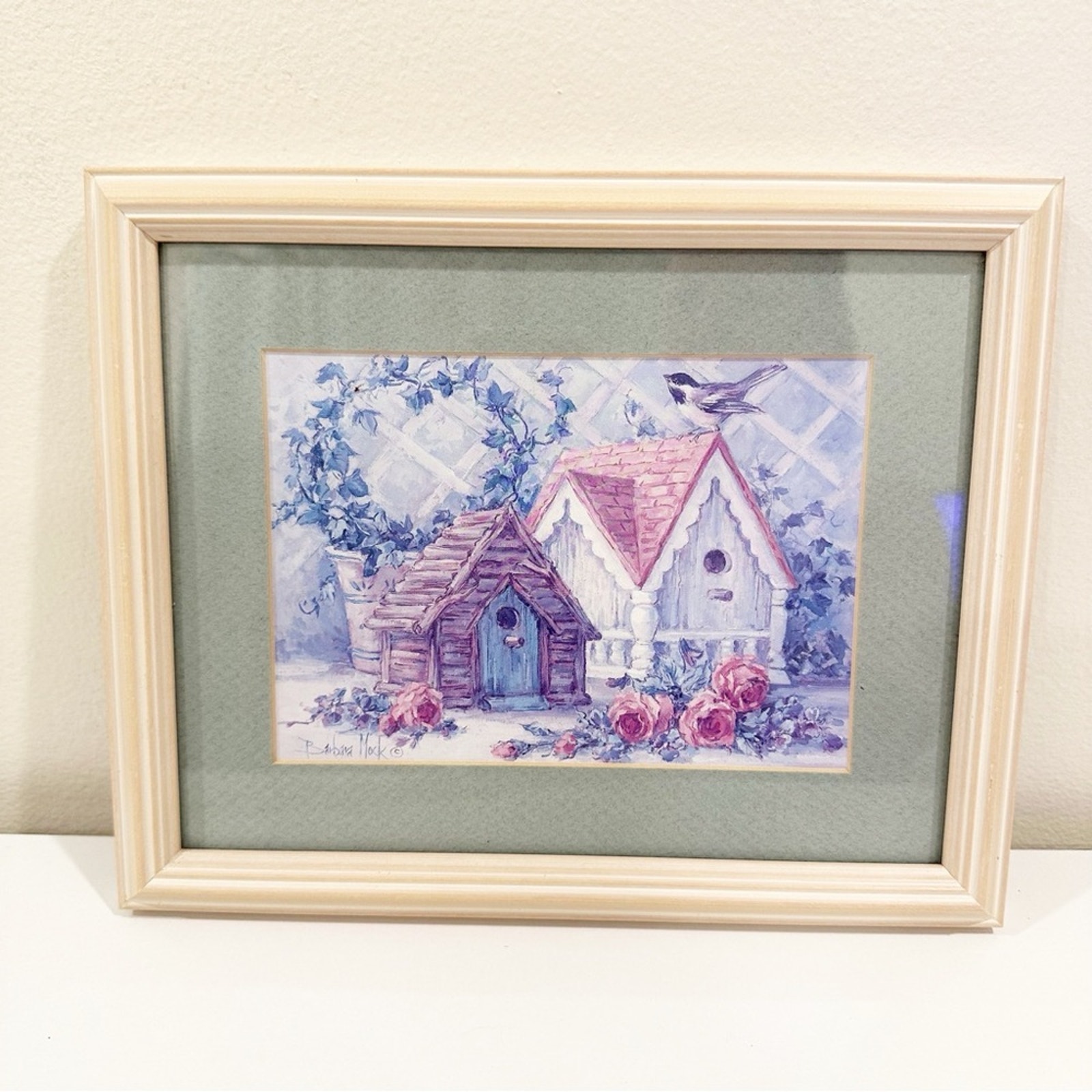 Barbara Mock Vintage Birdhouse Cottage Feminine Floral Print Wall Hanging Decor