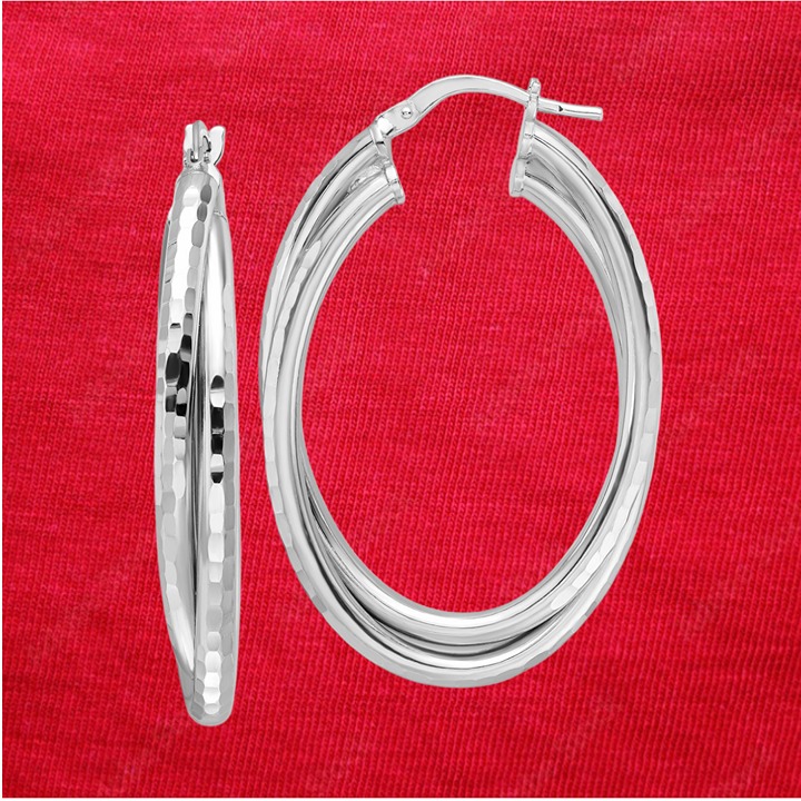 Sterling Silver Rhodium-plated Polished Diamond-cut Hoop Earrings